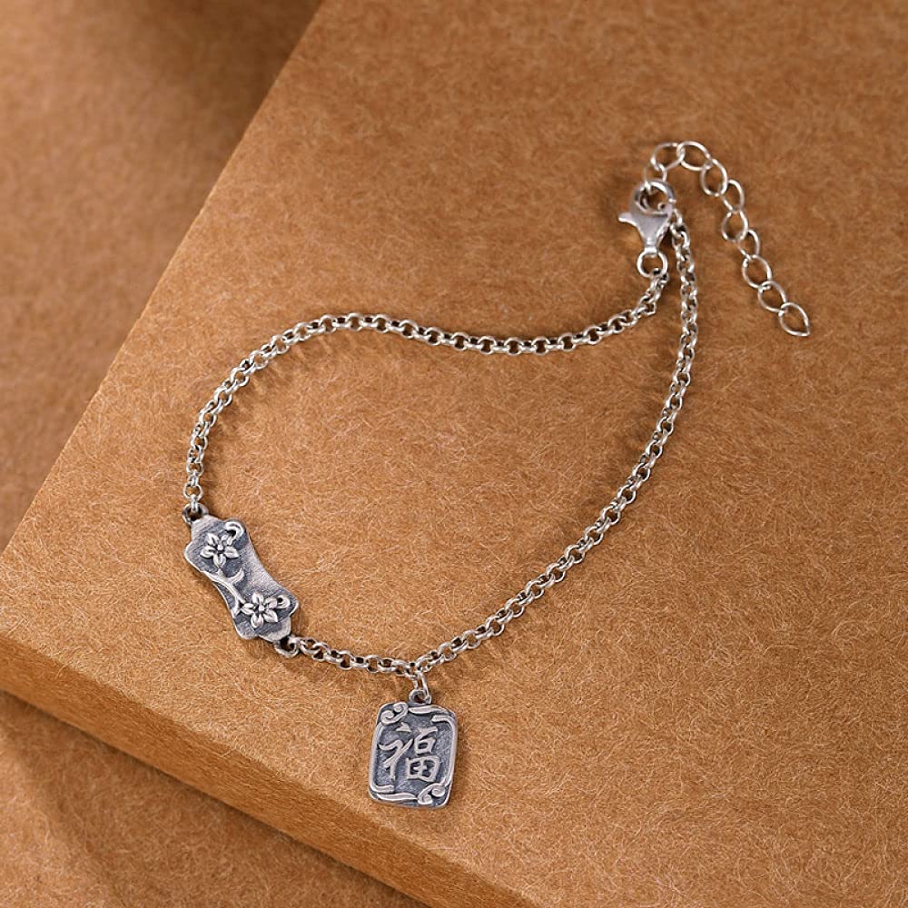 Girls Accessories Bracciale in Argento Sterling 925 Vintage per Donna Semplice Fiore di pruno Fu Parola Opaca Gioielli Classici Fascino Spiaggia Estiva Birthday Gift