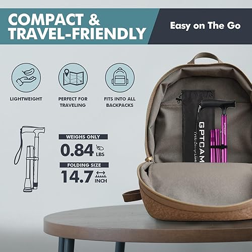 Miniatura 6 de GPTCAMP Bastón de caminar para hombres y mujeres, bastones ajustables con mango en T, diseño plegable y plegable, punta de pivote antideslizante,