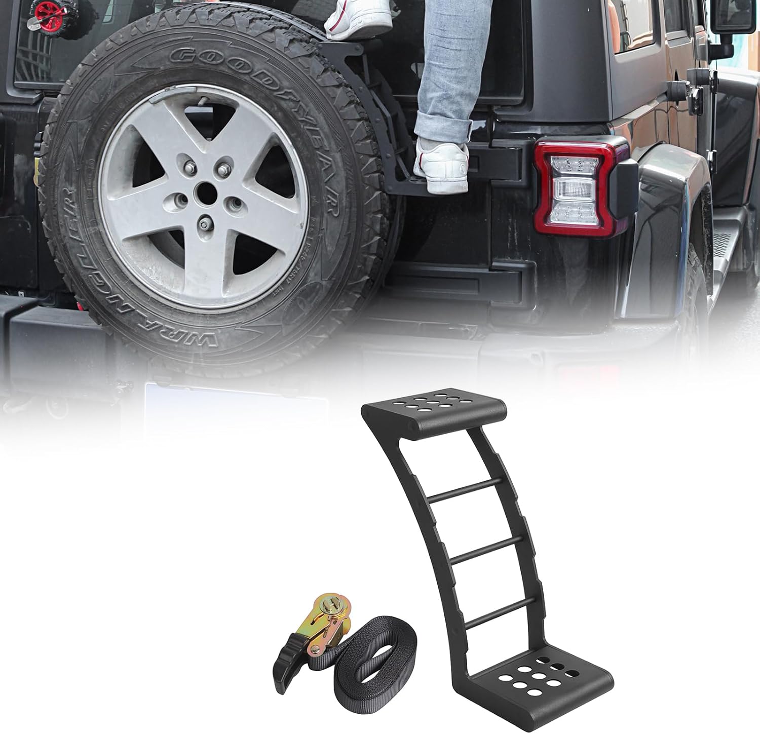 Rear Spare Tire Step Ladder for 24"-35" Tires, Compatible with Jeep Wrangler JK JL TJ YJ CJ, Ford Bronco, RV & SUV Accessories