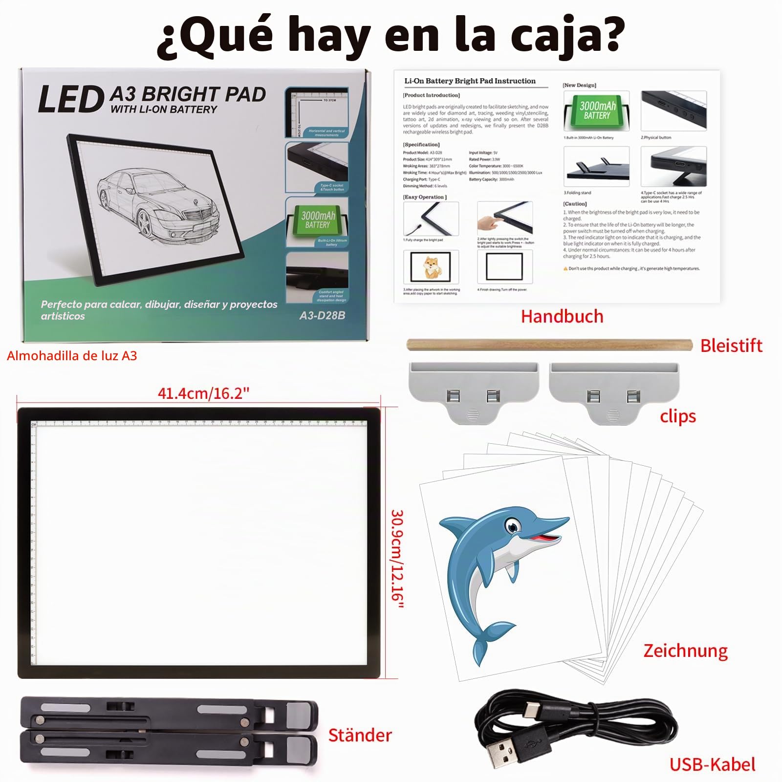 iVAOOZE Mesa luminosa A3 con soporte/clips, batería de 3000 mAh, almohadilla de luz recargable, 3 colores regulables y 6 niveles de brillo para dibujo, pintura de diamantes, bocetos, tatuajes, diseño