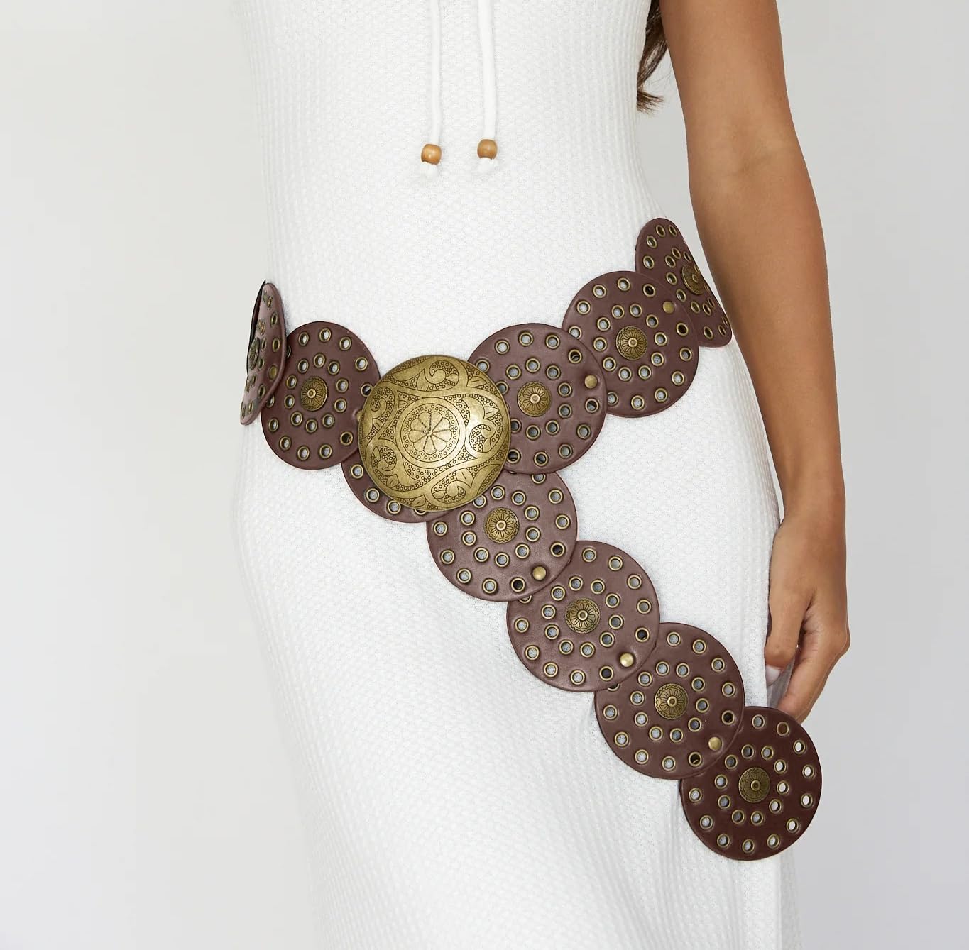 LIMHOO Ceinture à Large Disque Pour Femmes Ceinture Ronde Creuse en Cuir Ceinture de Taille Occidentale Boho