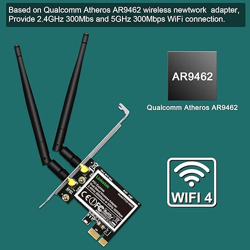 Vista 2 de Adaptador inalámbrico N 600Mbps (2.4GHz 300Mbps y 5GHz 300Mbps) PCIE WiFi, tarjeta WiFi PCIE, QUALCOMM Atheros AR946X Adaptador de red inalámbrica