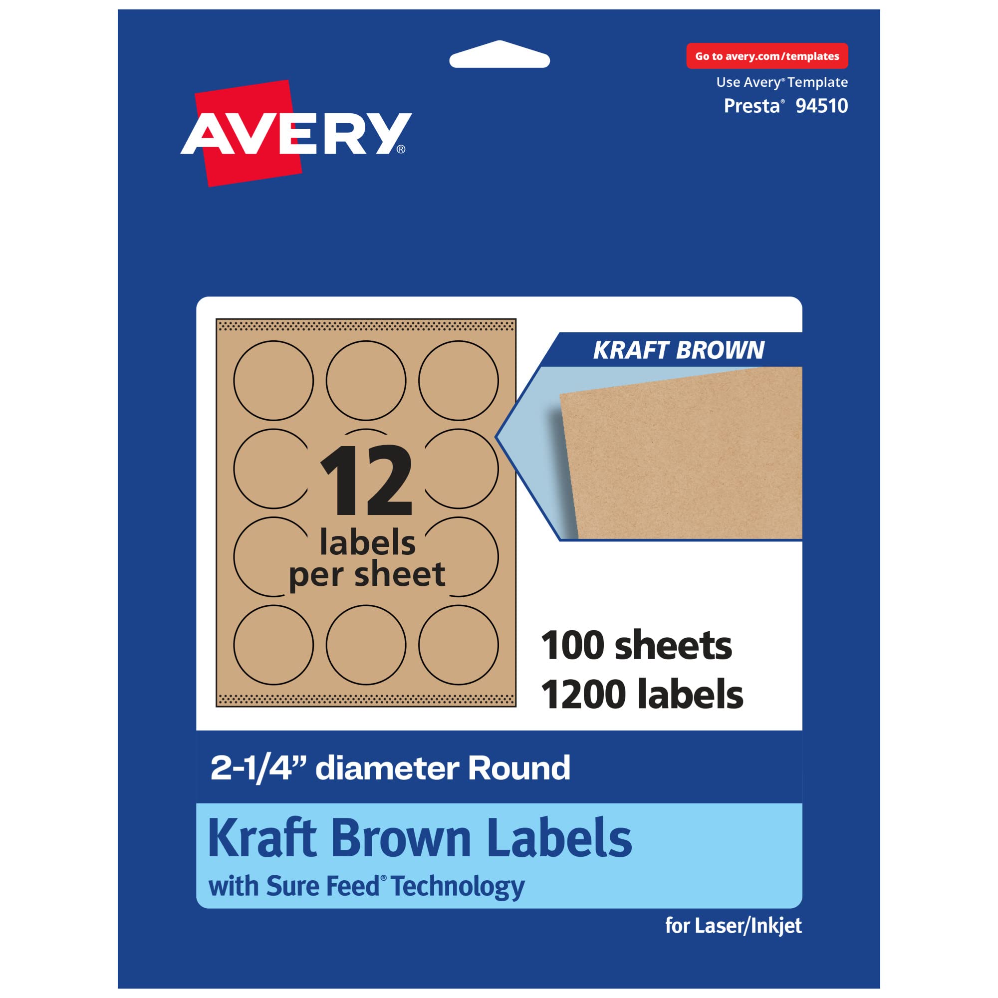 Avery Etiquetas redondas de papel kraft marrón con alimentación segura, 2.25 pulgadas de diámetro, 1.200 etiquetas marrones Kraft, etiquetas imprimibles con láser o inyección de tinta