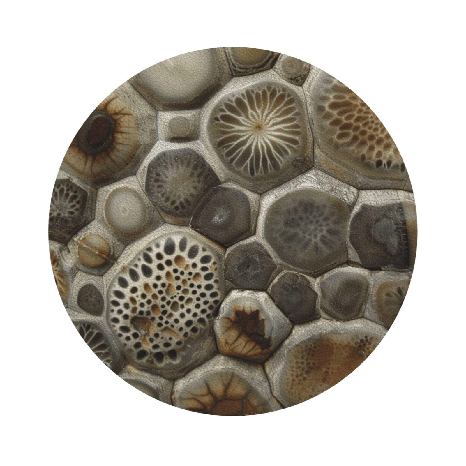 Petoskey Stone Print Leather Coaster Set of 6, Round Shape Coasters Table Decorative Coffee Cup Beverage Coasters Wine Beer Bar Coasters for Hot Drinks Table Protection