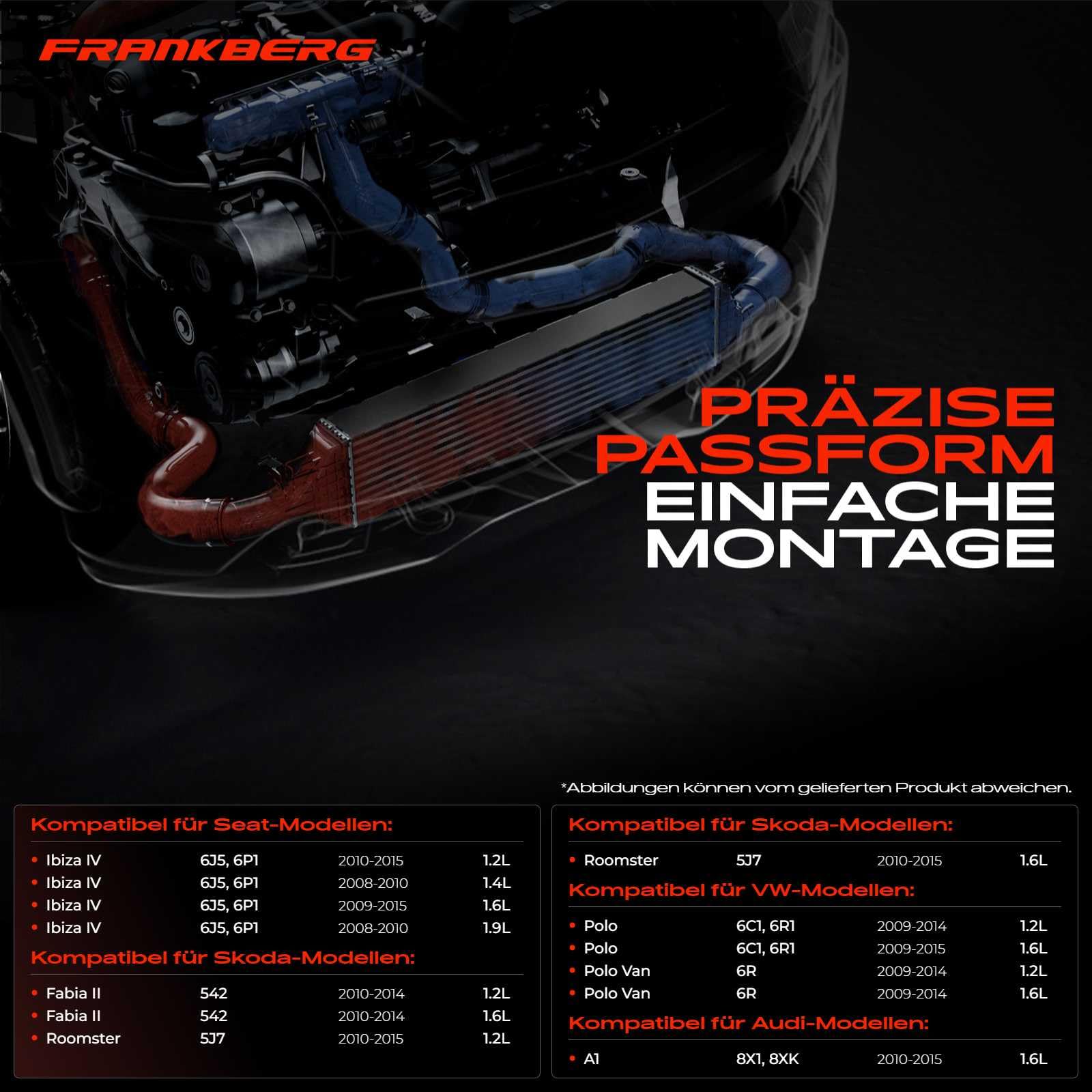 Frankberg Ladeluftkühler Kompatibel mit A1 8X 2010-2015 Ibiza IV 6J 6P 2008-2015 Toledo IV 2012-2015 Fabia II 2010-2015 Polo 2009-Heute Replace# 6R0145805