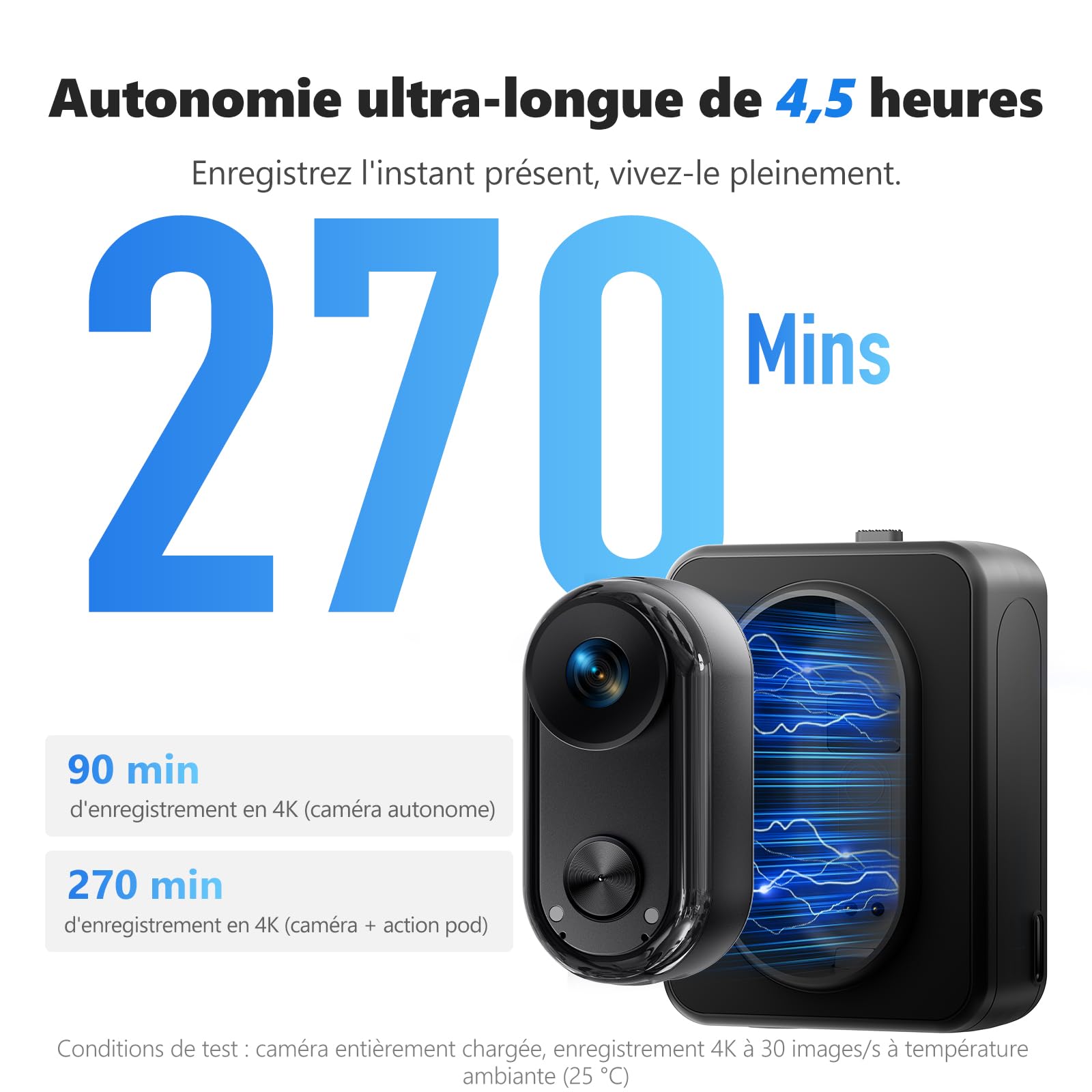 Caméra de vlogging 4K 30FPS, 64Go caméra d'action, POV portable mains libres, étanche 30m Caméra Sport, 150°Mini Cam Sportive corporelle pieton pour Vélo, Ski, Plongée, 270 Min Durée d'exécution
