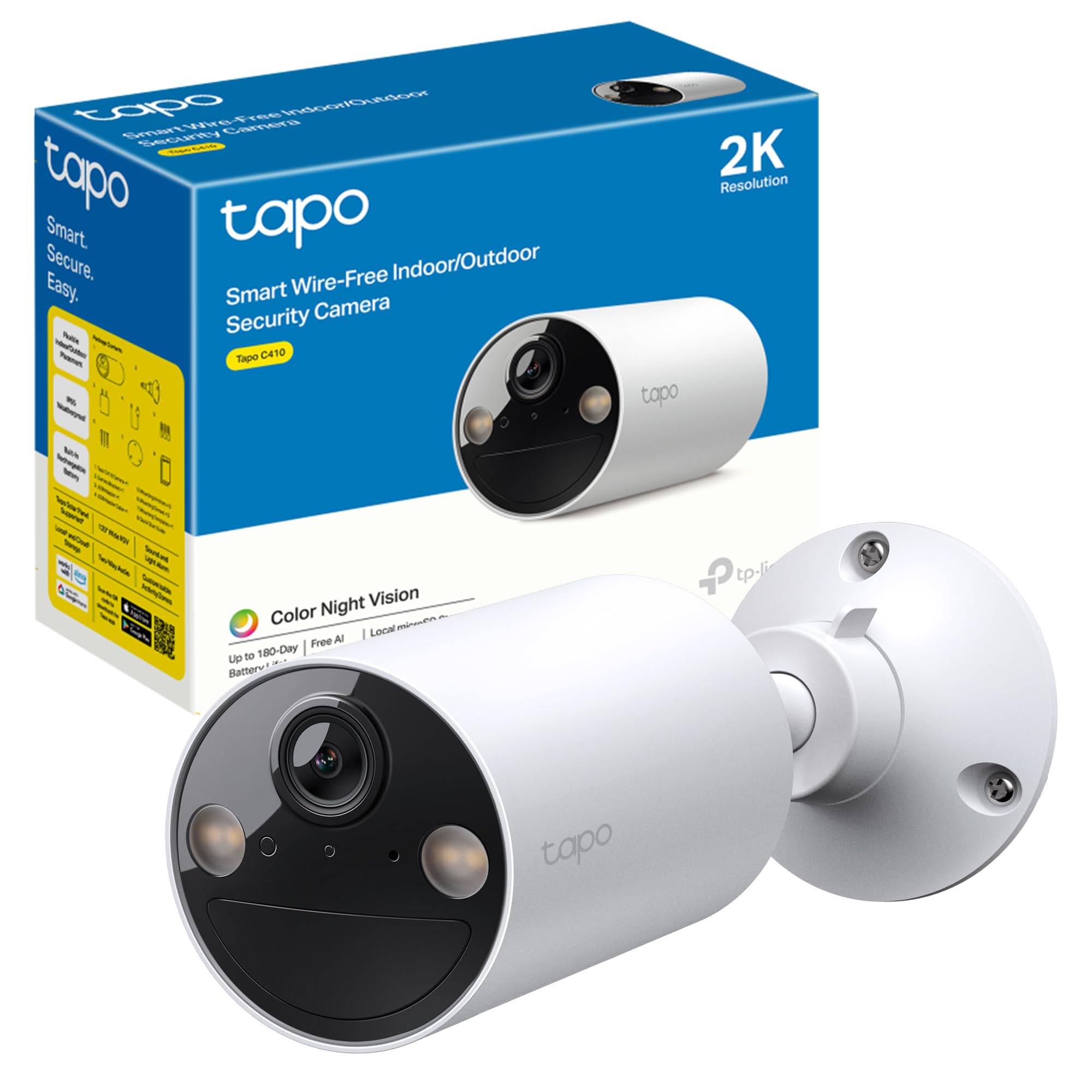 Tapo Tapo C410 - Cámara Wi-Fi de Batería para Exterior/Interior, 2K 3MP, 6400mAh, Detección de Personas por IA, Visión Nocturna a Color, No Requiere Hub, Compatible con Panel Solar