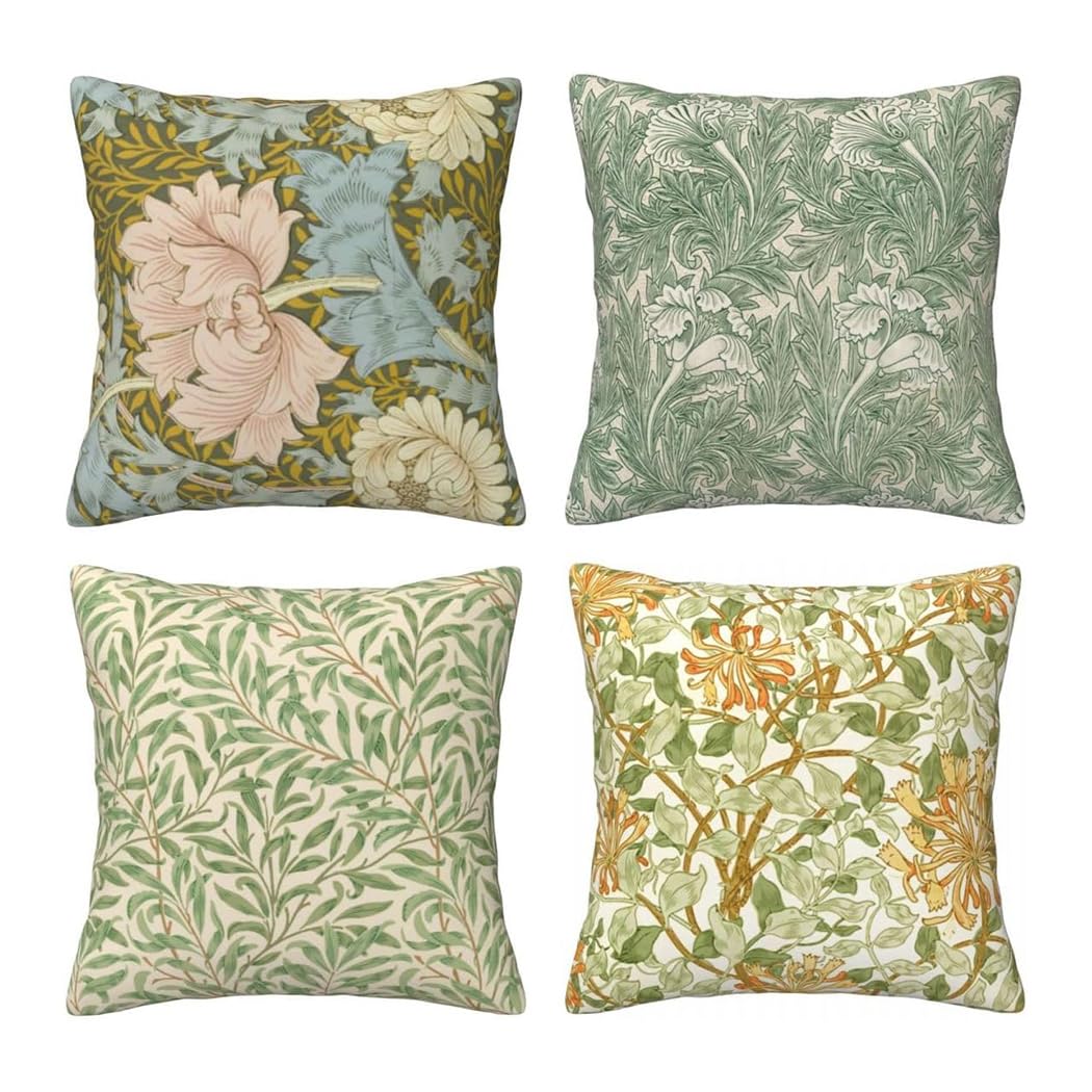 WWOOPLL William Morris Set of 4 Cushion Covers 45x45cm, Vintage Green Leaves Pattern Home Decor Pillowcases Throw Cushions Pillow Covers for Living Room Sofa Couch Bed, 18x18 Inch