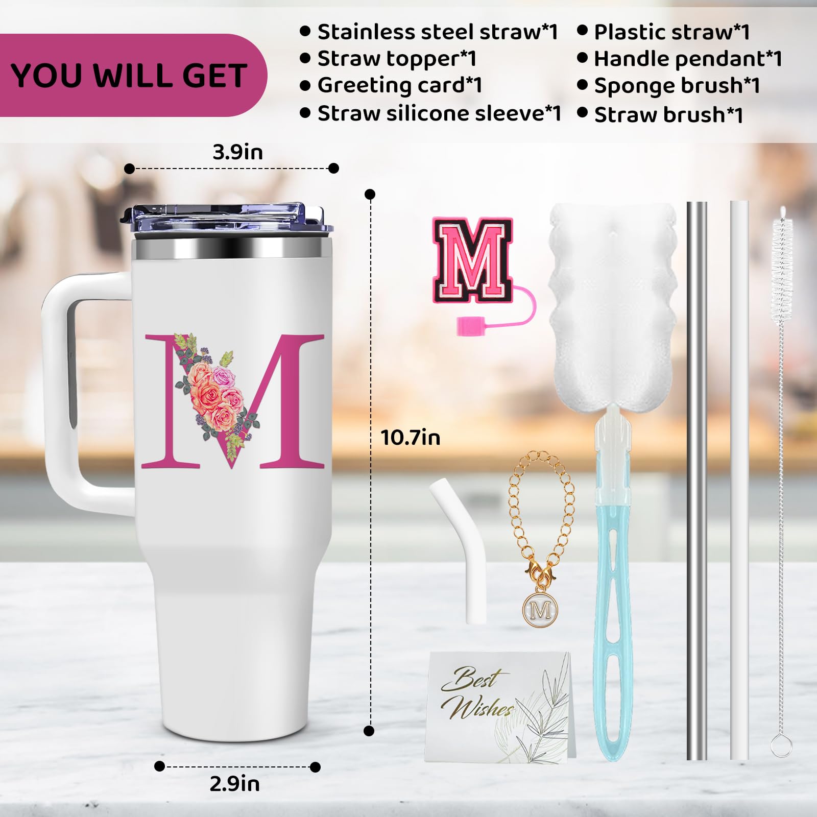 Monogrammed Gifts for Women,Initial Tumbler with Lid,Personalized Gifts,Birthday Gift for Women,Travel Cup,Coffee Tumbler,Cute Tumbler with Straws,for Christmas-M