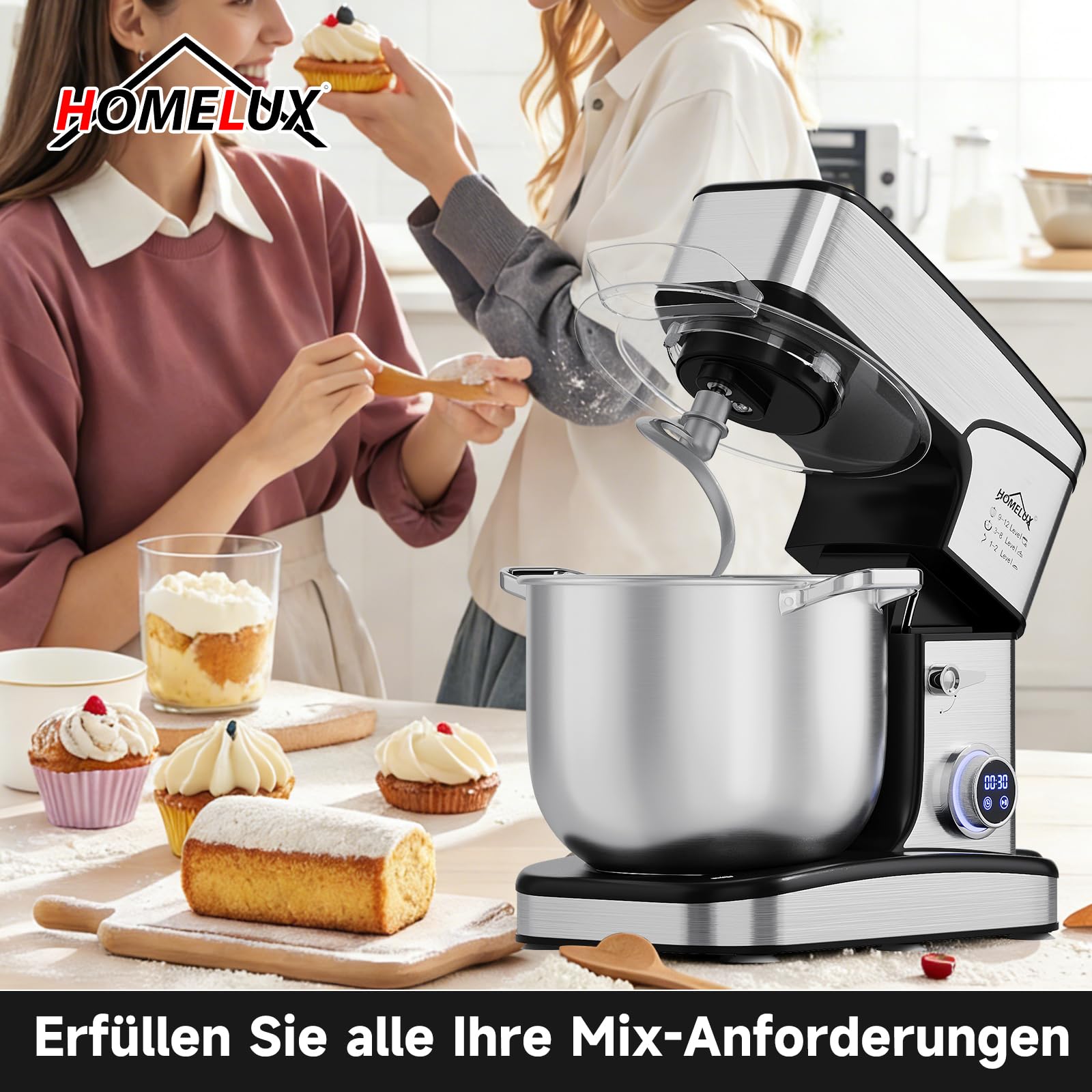 HOMELUX Küchenmaschine 2800W, Knetmaschine mit 16 Liter Edelstahl Schüssel, 12 Geschwindigkeitsstufen, LED-Touchscreen, Rührbesen, Knethaken, Schneebesen, Spatel und Spritzschutz, silberfarben