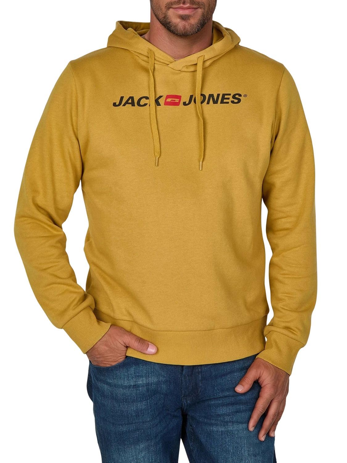 JACK & JONES Hoodie Herren mit Druck JJMORTY Regular Fit Kapuzenpullover Pullover Sweatshirt, Größe:M, Farbe:Mustard Gold (12303641)