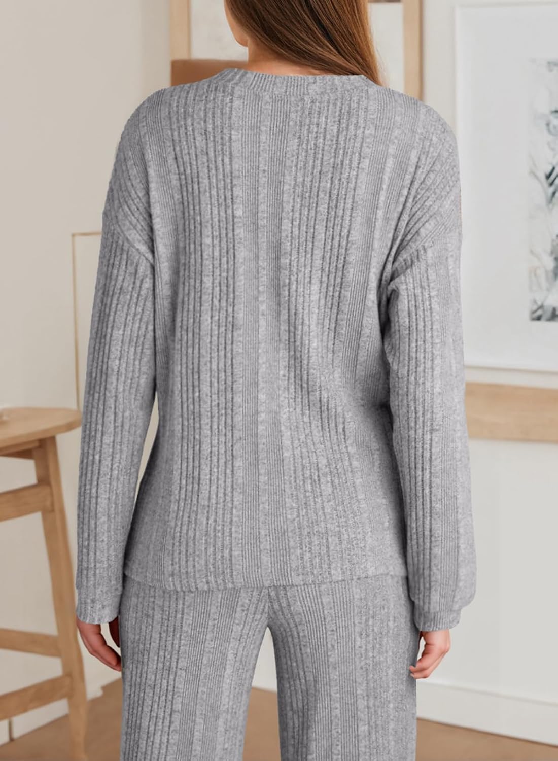 Dokotoo 2 Piece Lounge Sets for Women Ribbed Knit Button V Neck Long Sleeve Tops Matching Pants Pajamas Set 2025 Fall Outfits - Image 2