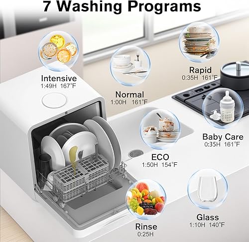 Miniatura 4 de Lavavajillas portátil para encimera, 7 programas de lavado, mini lavavajillas con tanque de agua integrado de 5 L y rociador doble de 360, mini