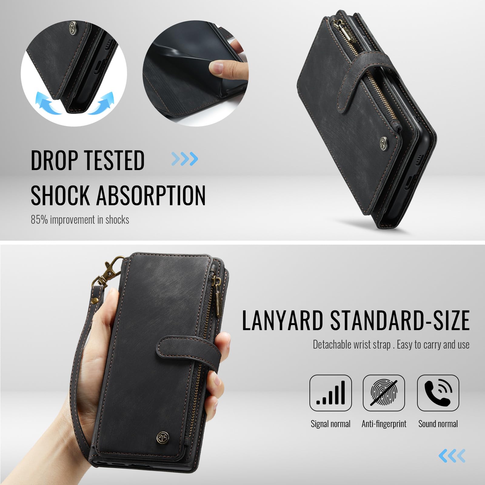 UEEBAI Handyhülle für Samsung Galaxy S26 5G, Retro Reißverschluss Hülle Premium PU Leder Weiche Klapphülle Magnetverschluss Kartenfach Standfunktion Geldbörse mit Trageband Schutzhülle, Schwarz