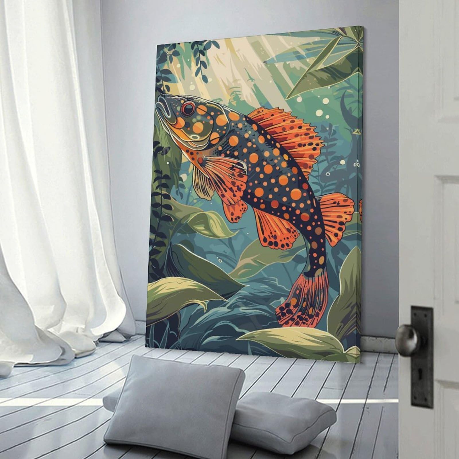 Junmoney Frame-Style-21 Spotted Fish In Lush Underwater Scene Canvas Wall Art, 12X18inch(30X45cm), For Living Room, Bedroom Or Home Office, A Wall Art Gift For Fresh Interiors