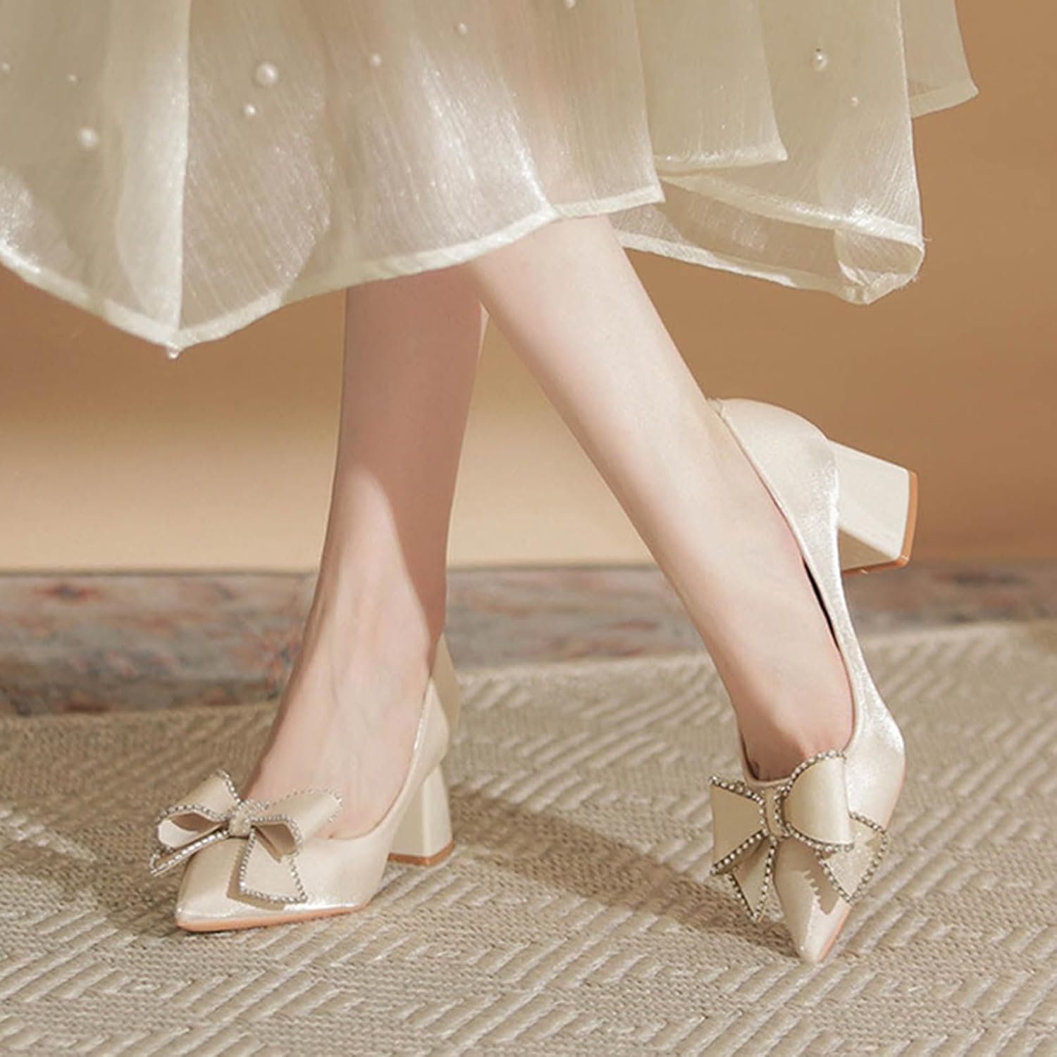 Women's Bow Chunky Heel Dress Pumps Fashion Pointed Toe Slip-On Mid Block Heel Office Work Formal Shoes Grace Party Prom Bridal Shoes - Image 6