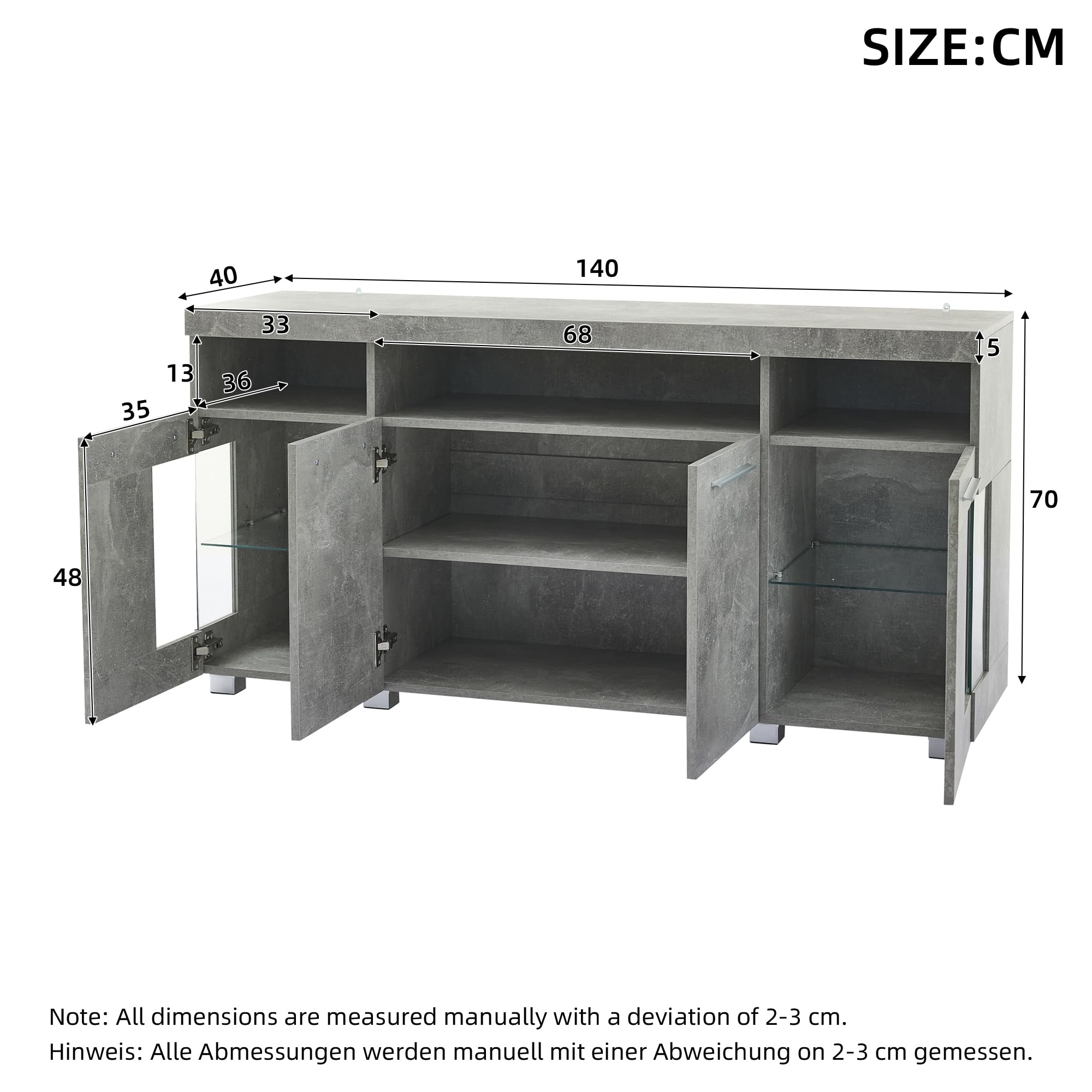 Sideboard Wohnzimmer, Sideboard 140cm breit, Kommode Flur mit LED Beleuchtung aus Gehärtetem Glas, 140x40x70cm, Grau