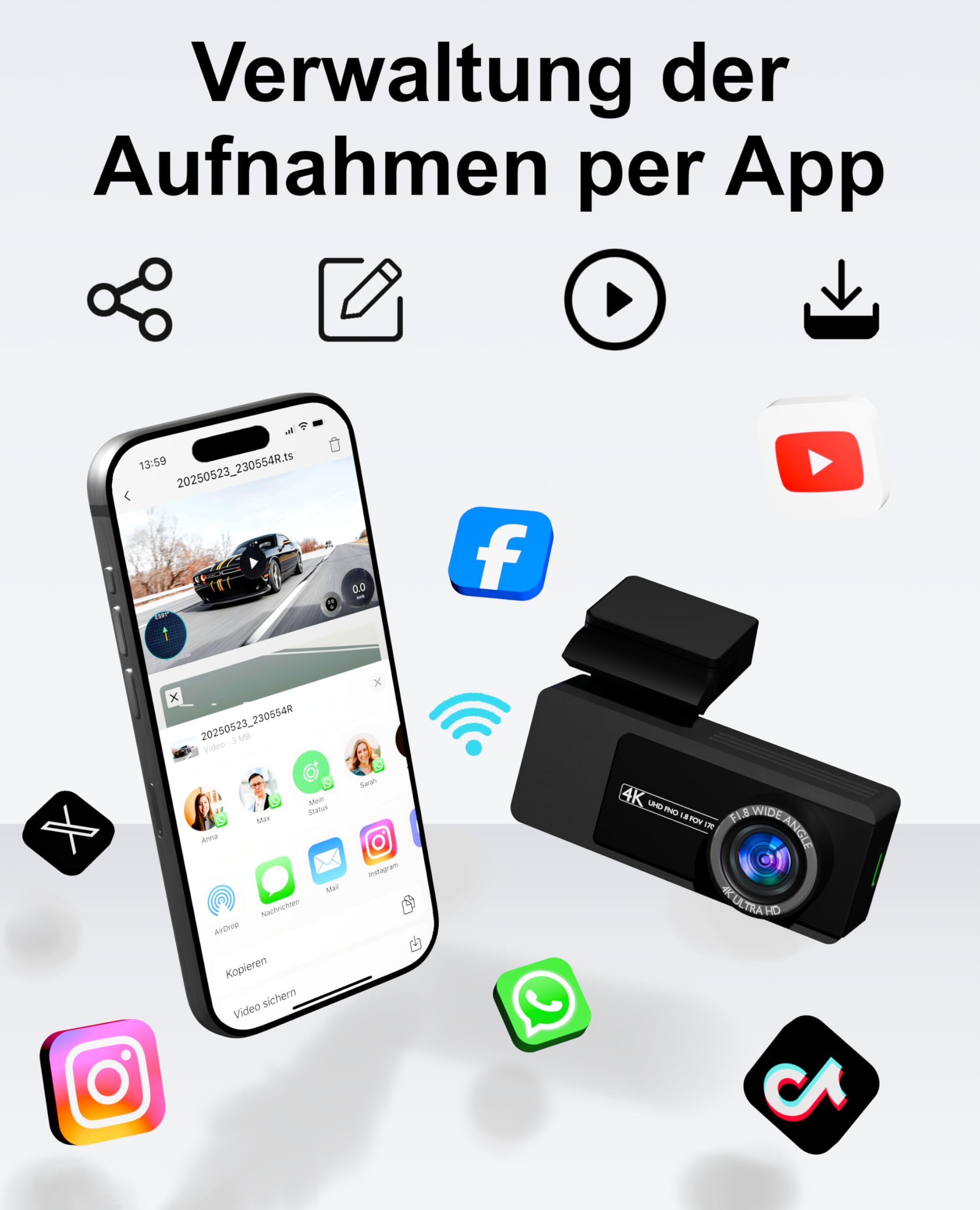 Dashcam Vorne+Hinten 4K/2K inkl. 64GB SD-Karte, 3,2" IPS Bildschirm, Night Vision, Parkraumüberwachung, Loop-Aufnahme, G-Sensor, WDR, GPS, WiFi, App