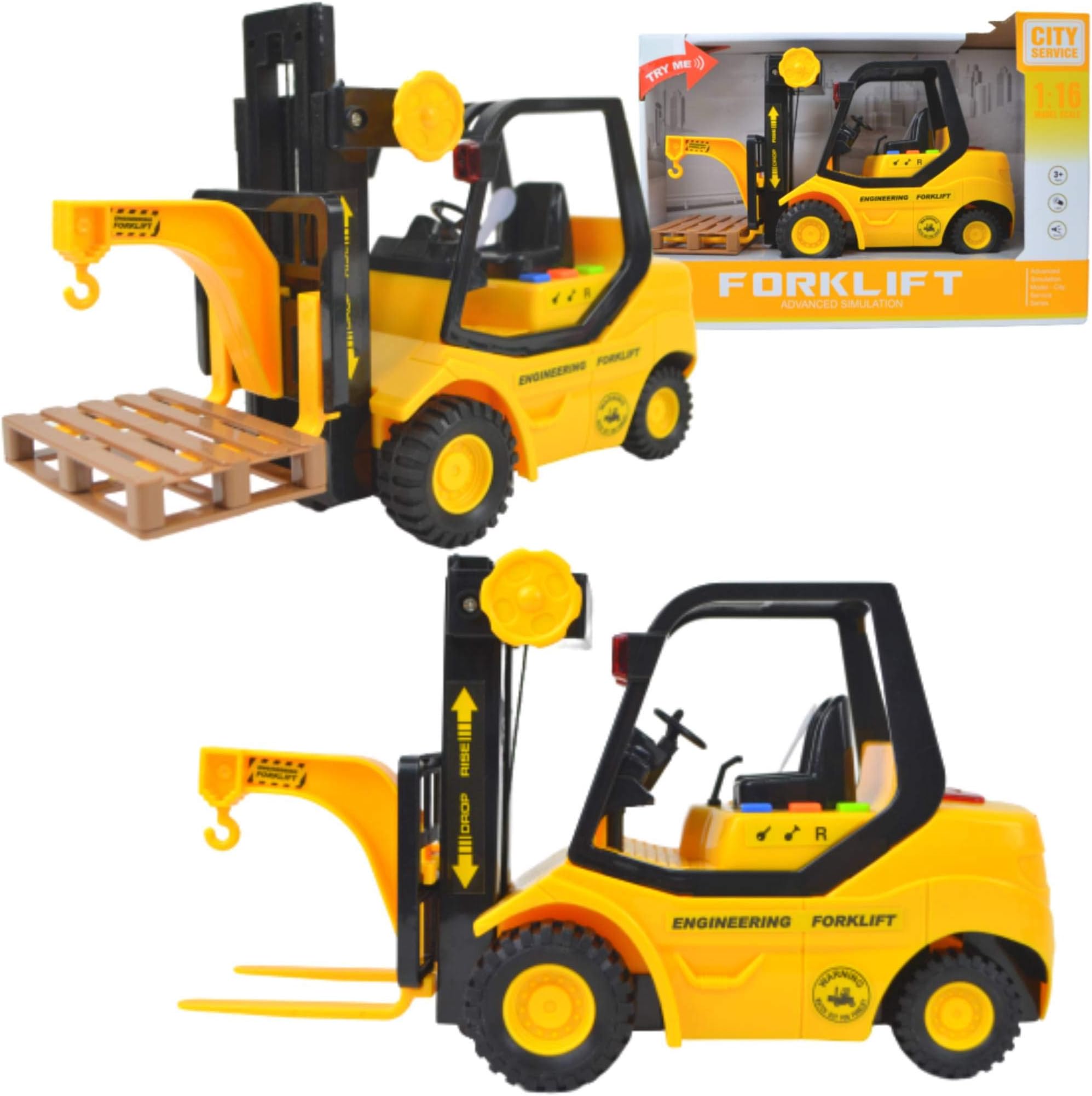 Toy Cars Forklift Friction Drive, Palette, Baby Toy Scale 1/16 Construction Toy with Lights and Sounds Forklift Toy Car Ideal for On the Go, for Boys and Girls from 3 Years