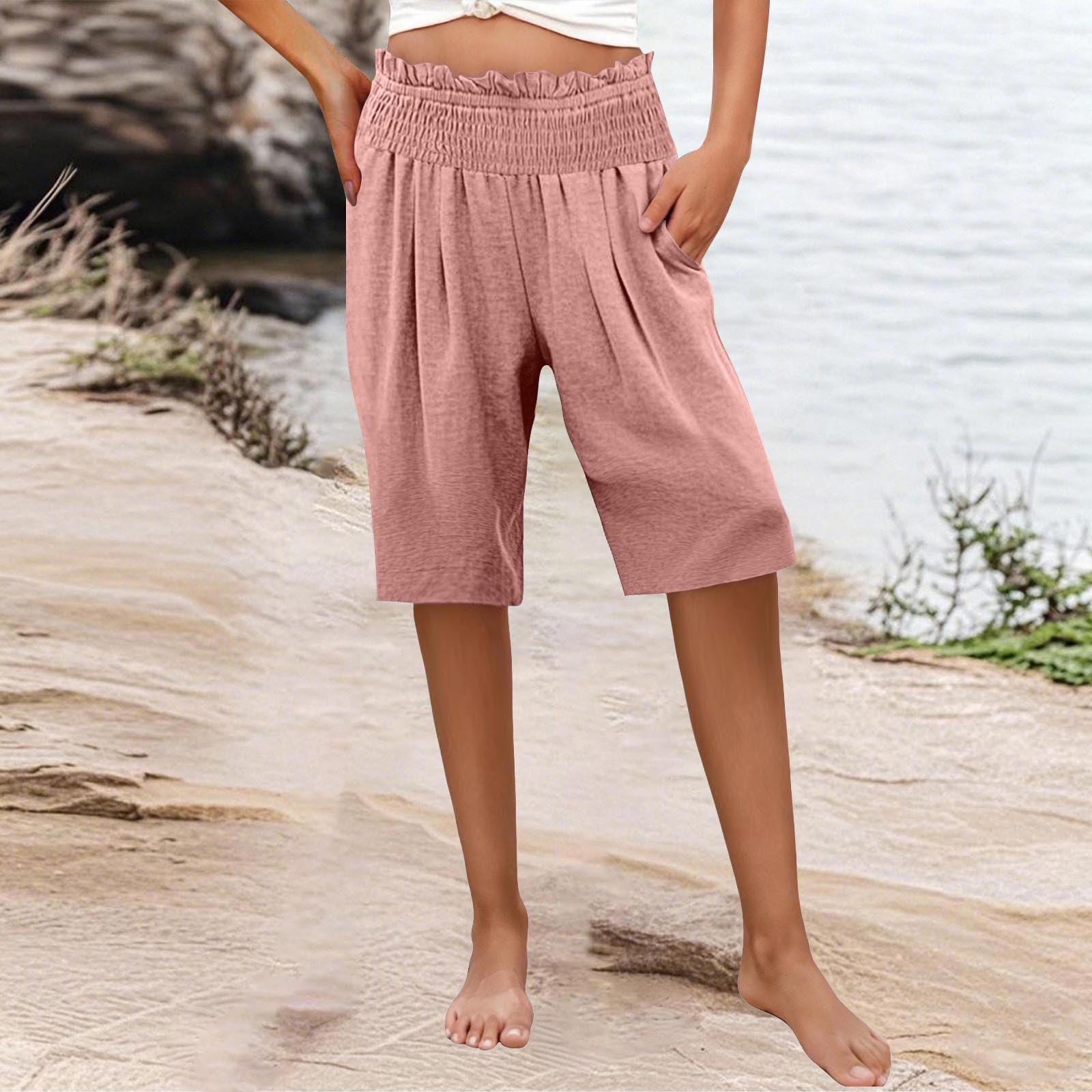 Summer Shorts for Women Ruffle Pleated Elastic Waist Half Pants with Pockets 2025 Trendy Beach Vacation Outfits(Pink,Small)