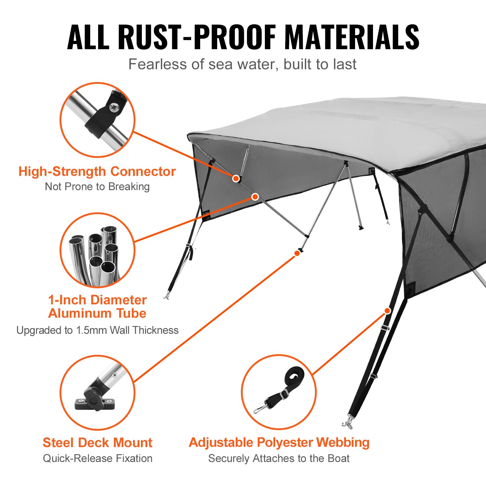 VEVOR Bimini - Lona para Barco de 4 Arcos, Ancho de instalación: 231 a 244 cm, poliéster 600D, con Paredes Laterales de Malla extraíbles, Impermeable y protección Solar, con Caja de