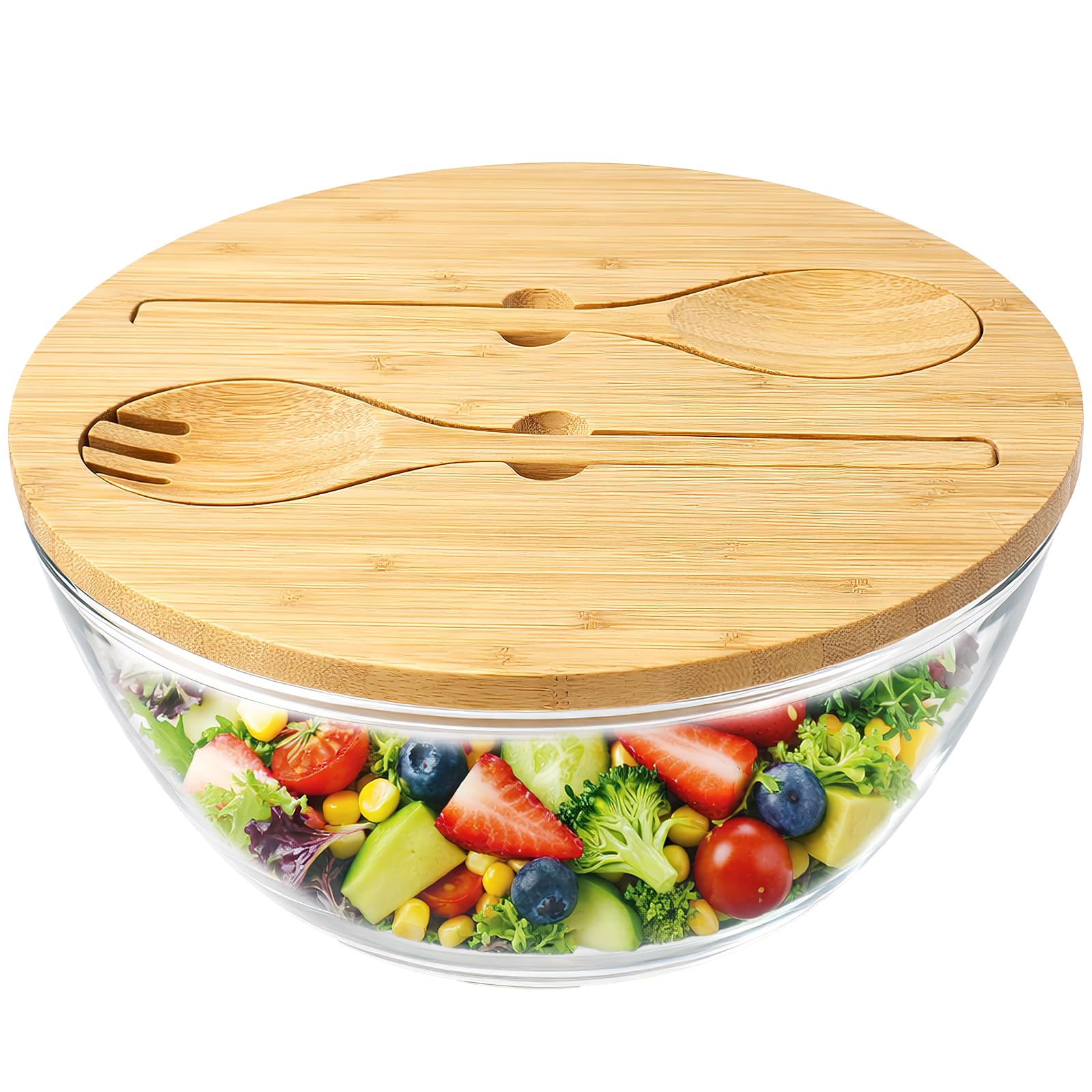 KDXBQ 4.5L Large Glass Salad Bowl with Bamboo Lid - 4500ml Trifle Mixing Bowl with Wooden Spoon & Fork Set - Clear Fruit Serving Dish for Pasta, Popcorn & Party Food - Freezer & Microwave Safe