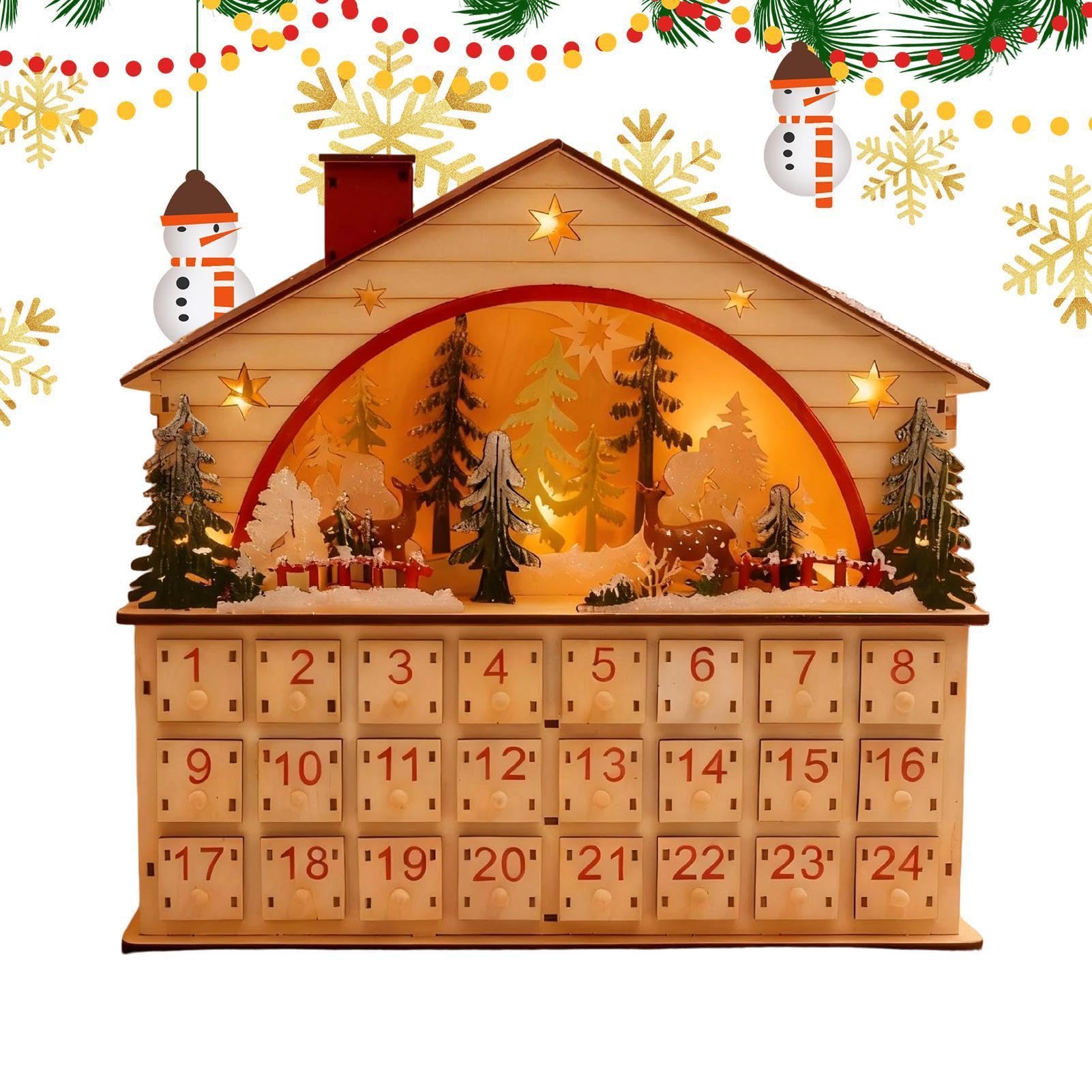Calendario de Adviento Navidad Decoración de Madera en Forma de Casa 24 Días | Calendario de cuenta regresiva para fiestas con cajones para apartamento fiesta celebración estante oficina salón interior
