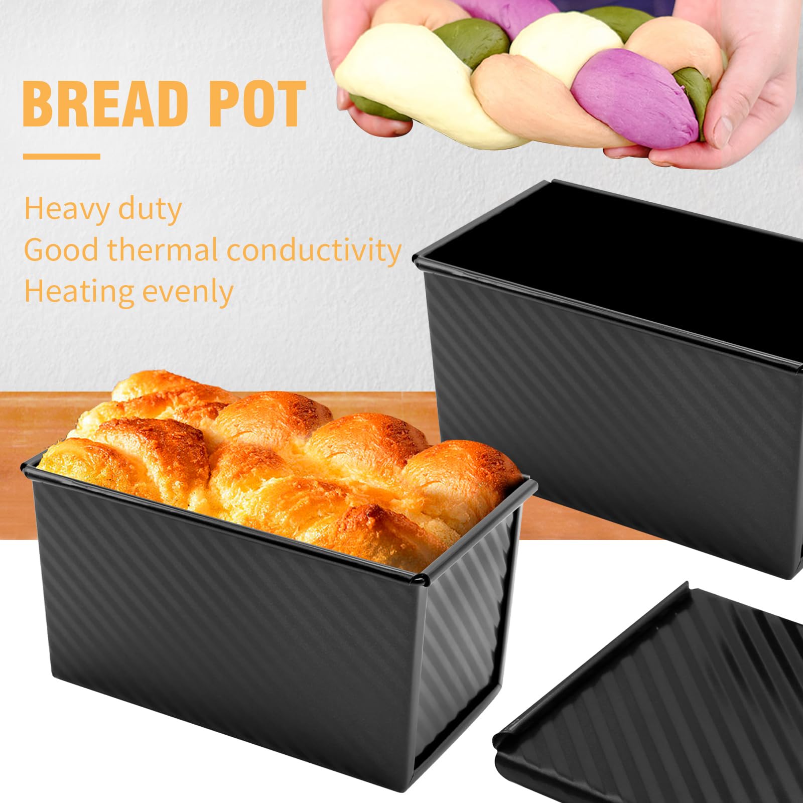 2xKastenform mit Deckel, 0.5 kg Antihaft-Brotpfanne, Backgeschirr, langlebige Karbonstahl, Brot-Toastform, Karbonstahl, hausgemachte Kuchen, Backen von Brot und Hackbraten (schwarz)