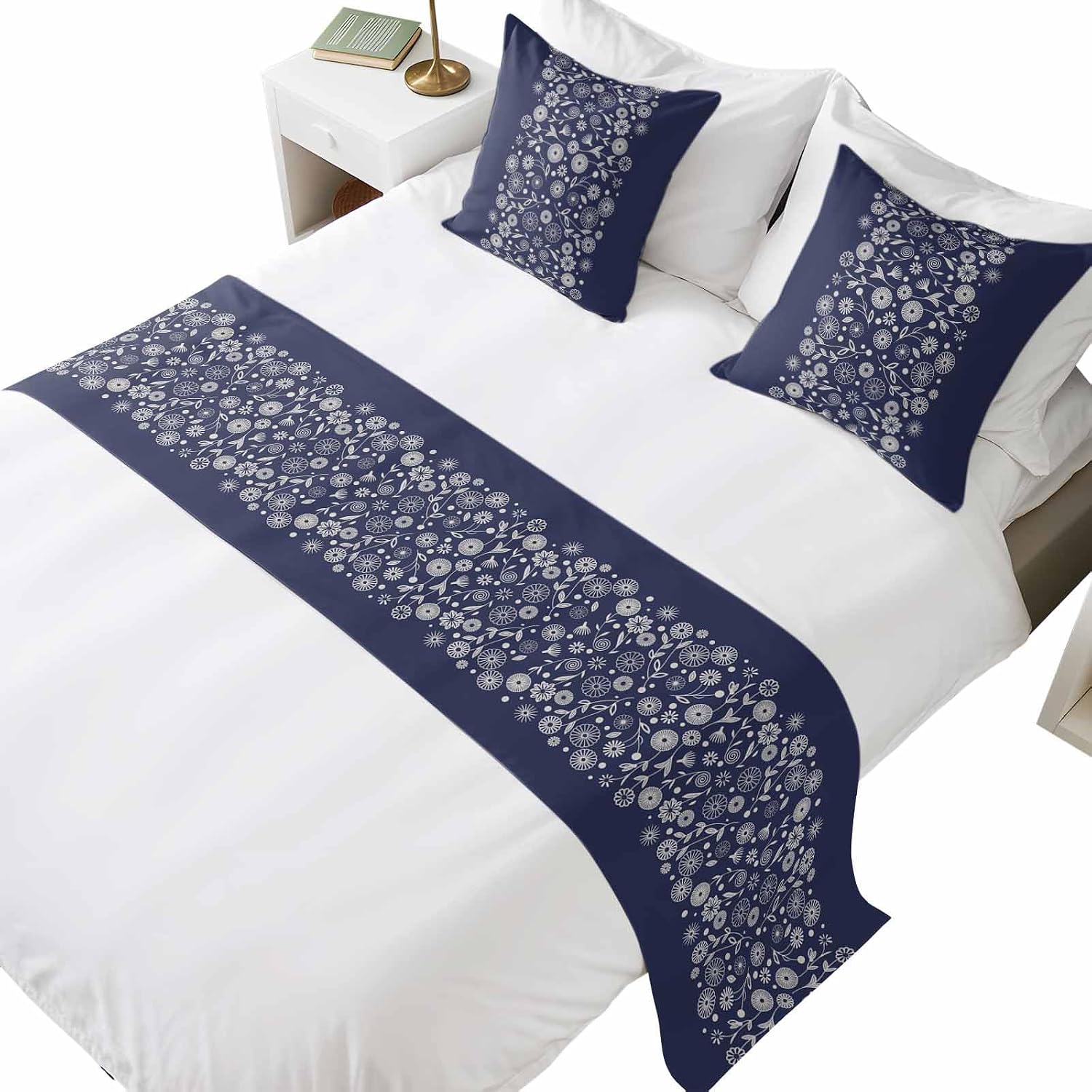 Japanese Bed Runner with 18"x18" Pillow Covers Set, Navy Blue Country Flowers Leaves Aesthetic Soft Decorative Bed Scarf for Queen Size Beds, Bedding Scarves Protector for Bedroom Hotel Sofa 94"x20"