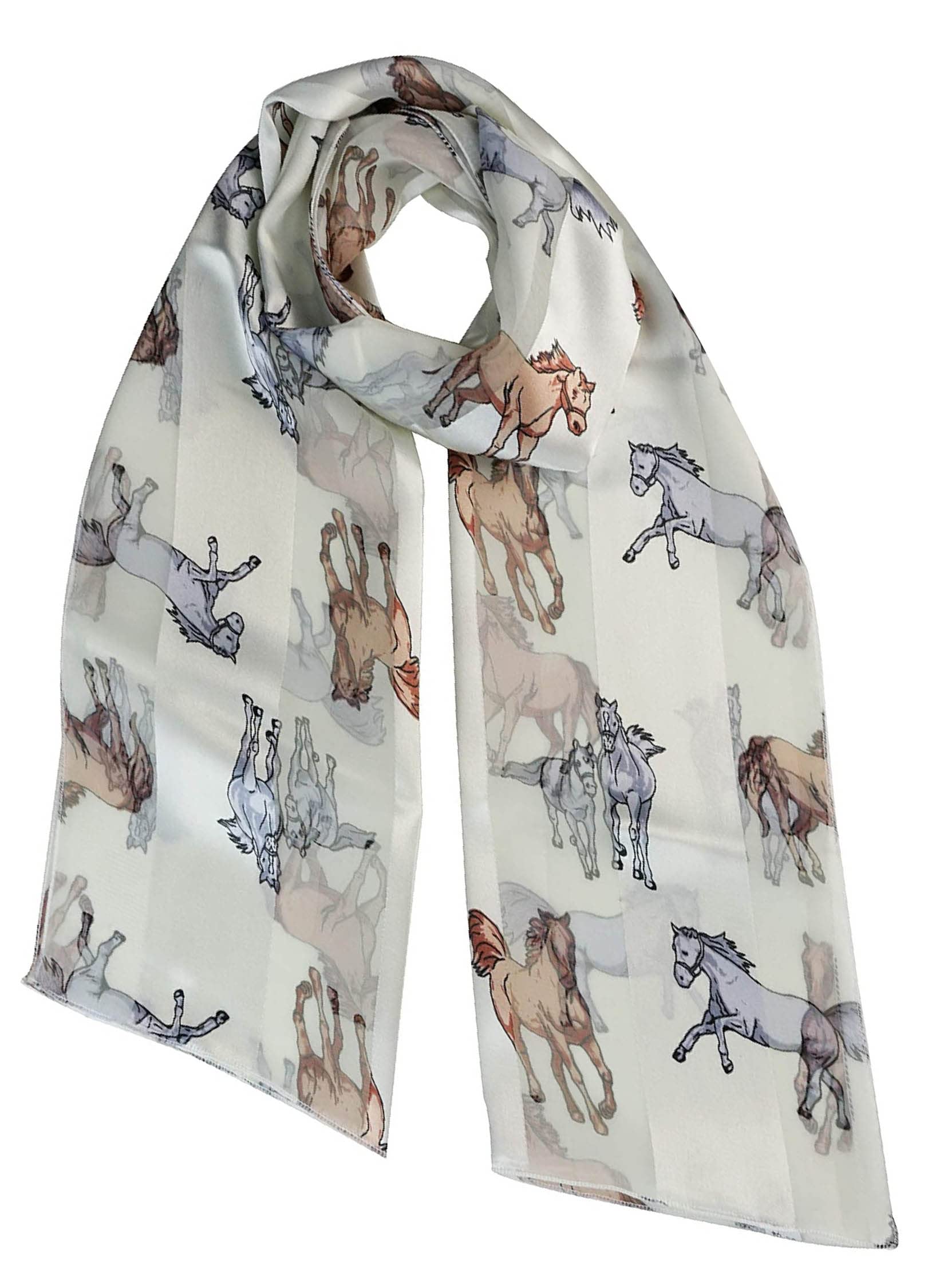 Mytoptrendz Women's Ivory Cream Mytoptrendz® Equestrian Horse Print Scarf Classic Printed Lightweight Silky Soft Feel Long Shiny Satin Chiffon Stripe Neck Wrap (Cream)