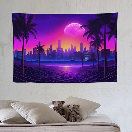 Miniatura 6 de QEOPGNE Tapiz de pared grande para colgar en la pared, palmera, paisaje urbano, neón, onda sintética, retro, banderas, decoración de habitación,