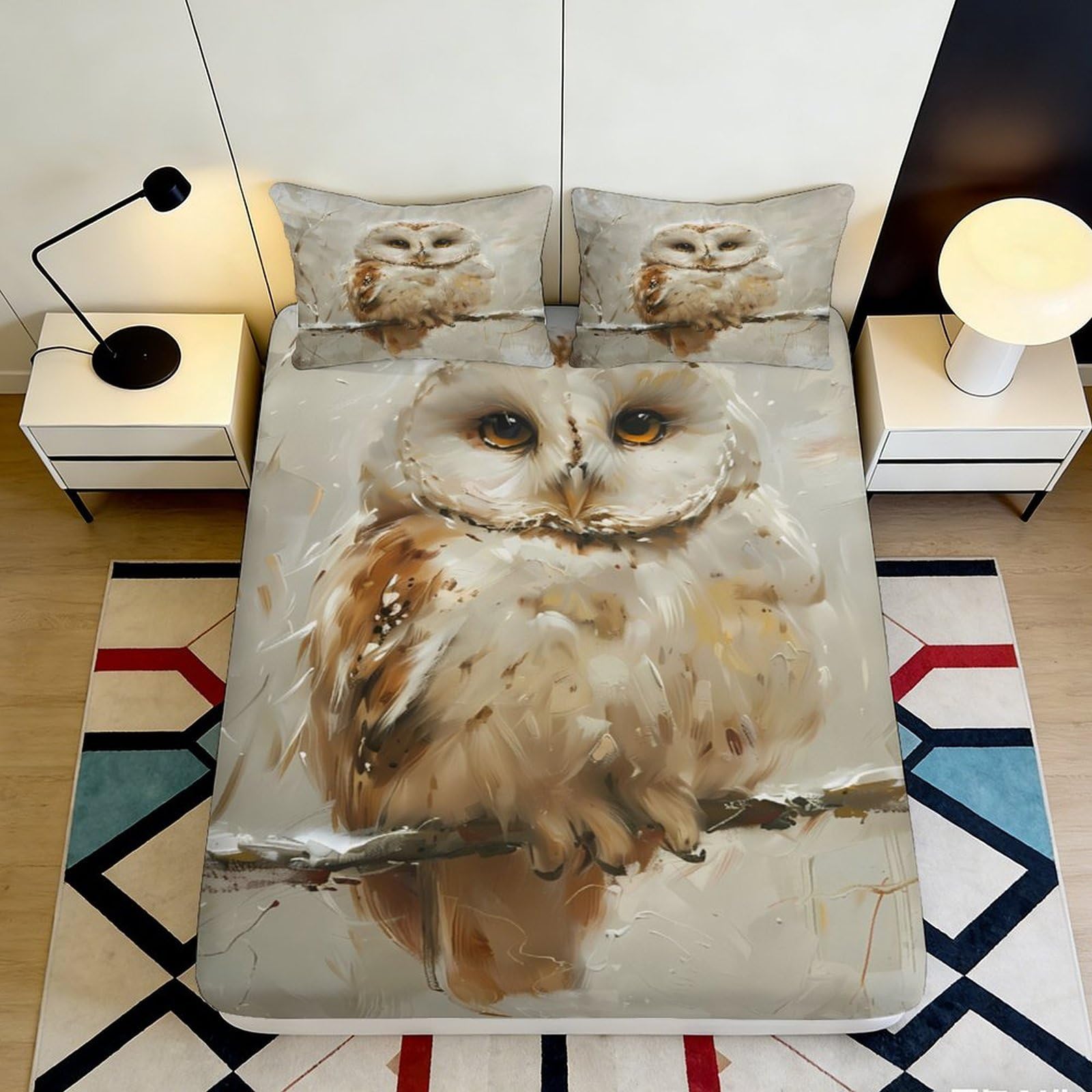 3D Printed Owl Fitted Sheet Microfiber Soft Breathable Big Owl Mattress Cover for Bedroom Dormitory Guest Room Mattress Protection Decor 120x200x25cm