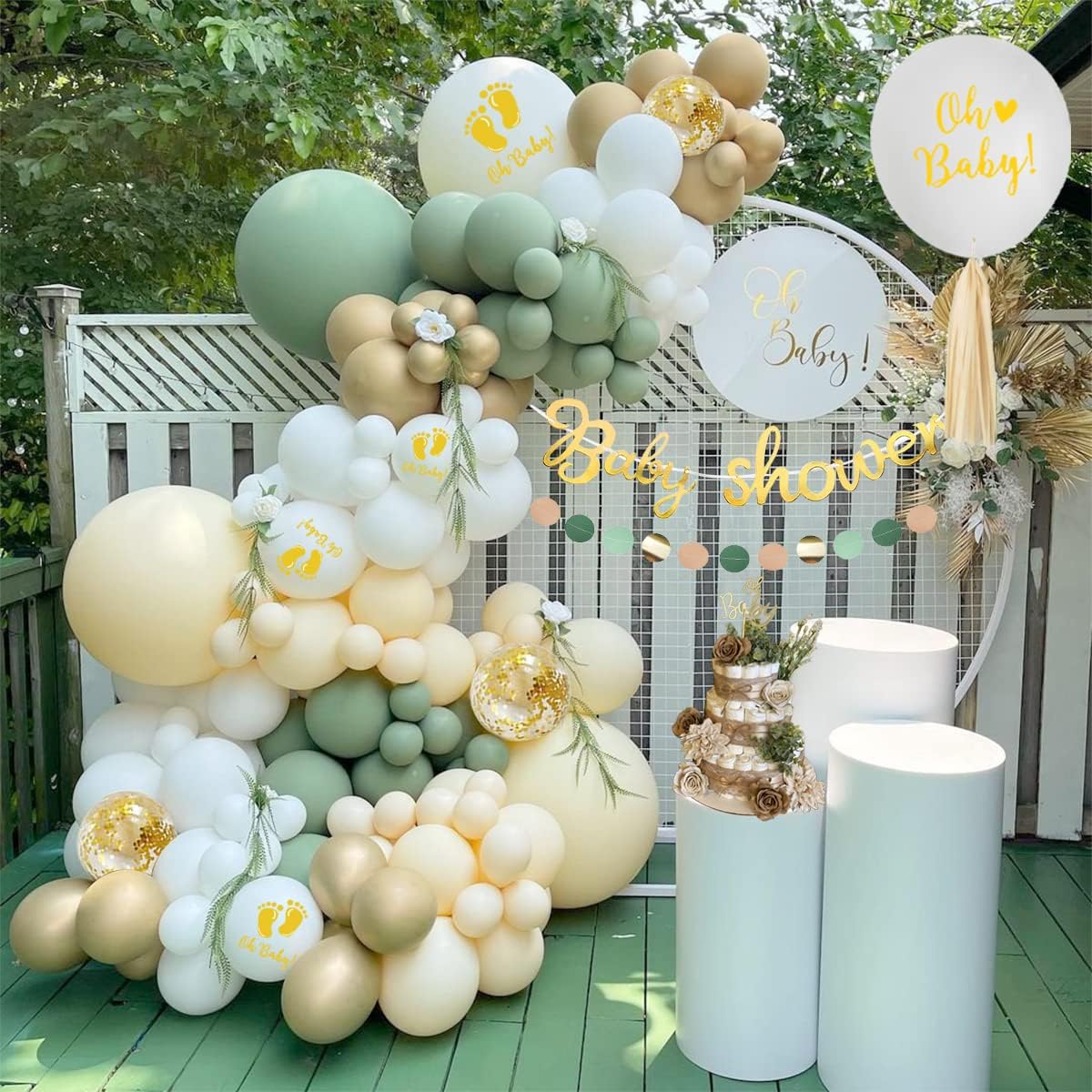 71-GWo0iUSL._AC_SL1200_ Baby Shower Decorations, Sage Green Baby Shower Decorations Neutral Baby Shower Balloons Set, Mummy to be Sash, Oh Baby Banner Cake Topper Tassels Paper Pom Poms for Gender Reveal Party Decorations