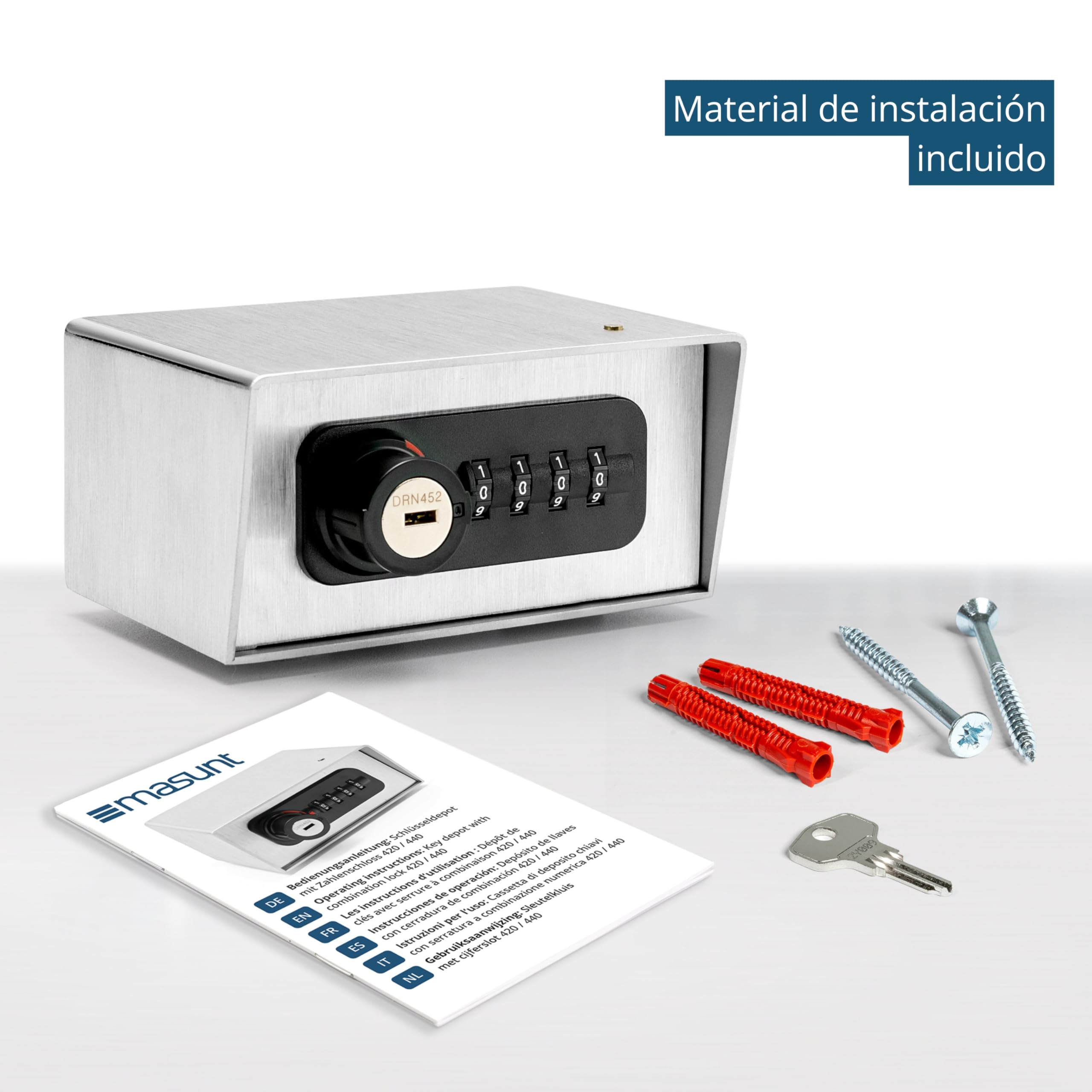 masunt Depósito de llaves 420 M Código | caja fuerte de alta calidad con cerradura de combinación | a prueba de rotura, para uso en exteriores (acero inoxidable V2A) Plata 120 (B) x 75 (T) x 60 (H) mm
