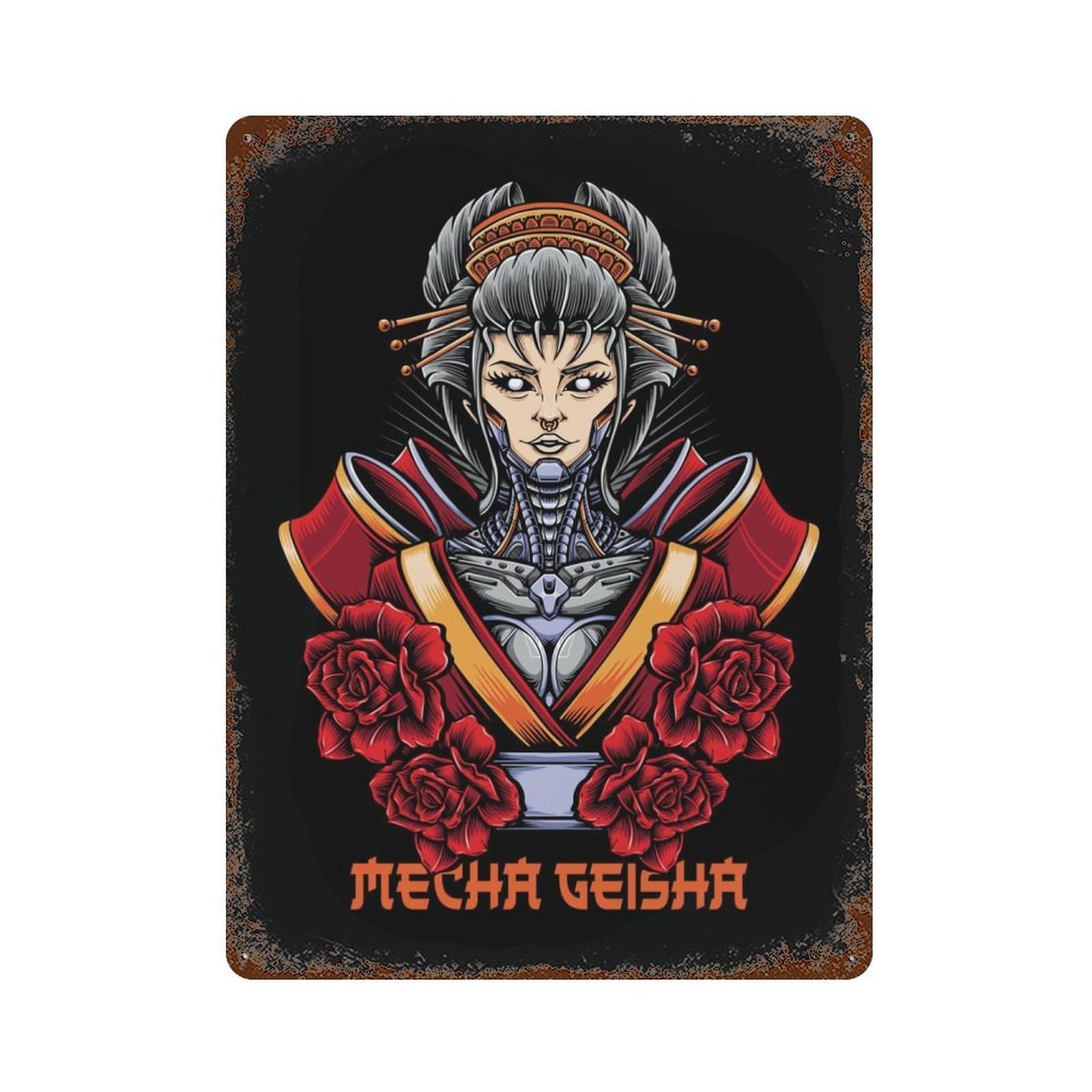 Mecha Geisha Aged Metal Wall Plaque 15.7"x11.8", for Living Room, Hallway And Home Decor, Shabby Chic Decor