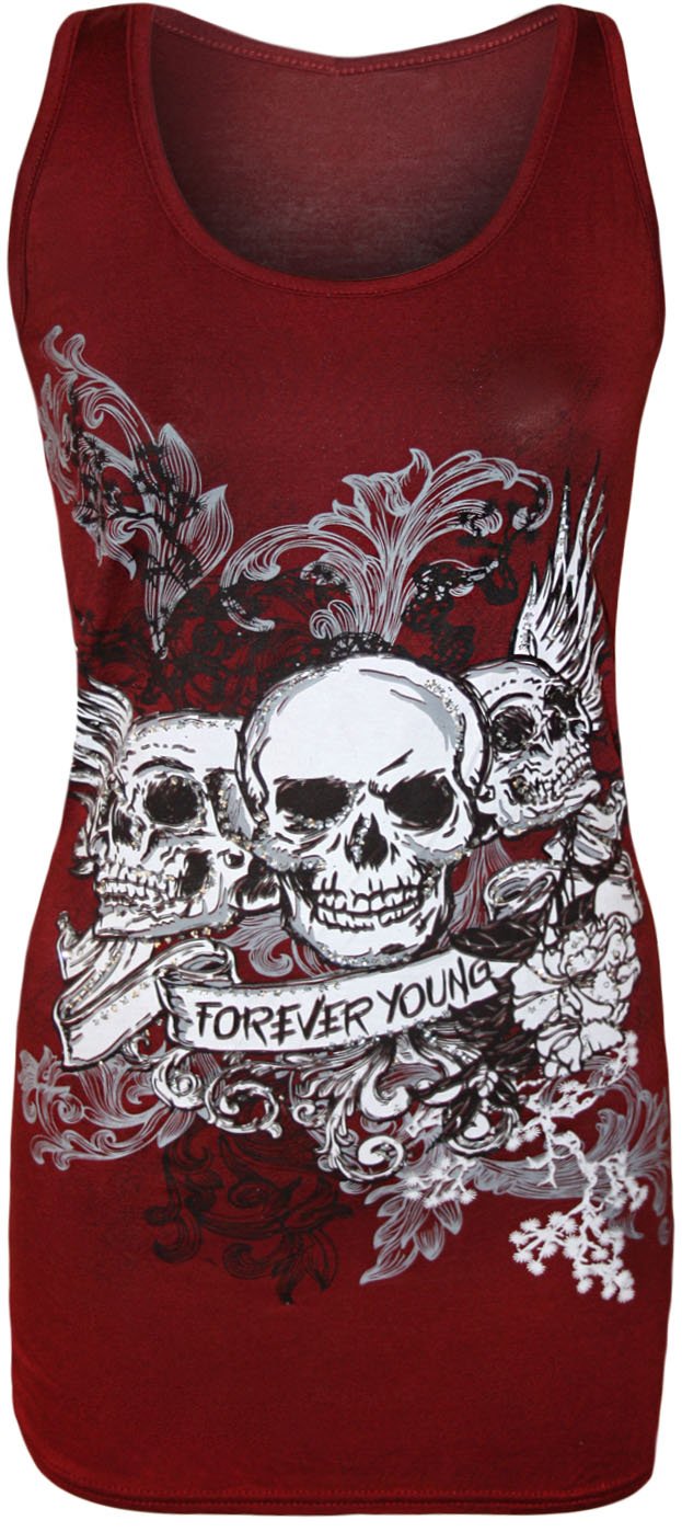 WearAll Womens Skull Forever Young Print Racer Back Sleeveless Ladies Vest Top - Wine - 12-14