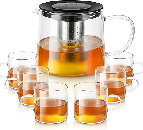 Tetera de vidrio de 51 onzas 50.7 fl oz con 6 tazas de té, juego de regalo de tazas de té, infusor de acero inoxidable extraíble, tetera de vidrio