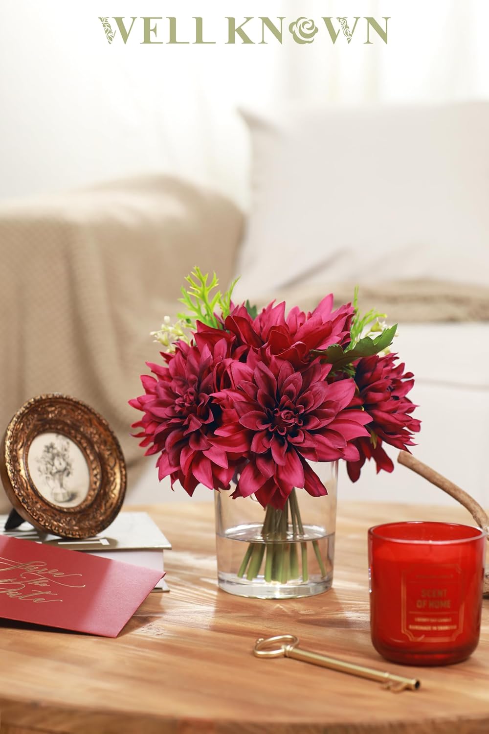 WELL KNOWN Artificial Flowers in Vase, Silk Faux Flower Arrangements in Vase with Faux Water for Home Coffee Dining Table Centerpieces Decor, Wedding Greeting Mother‘s Day Easter Gift (Fuchsia Red)