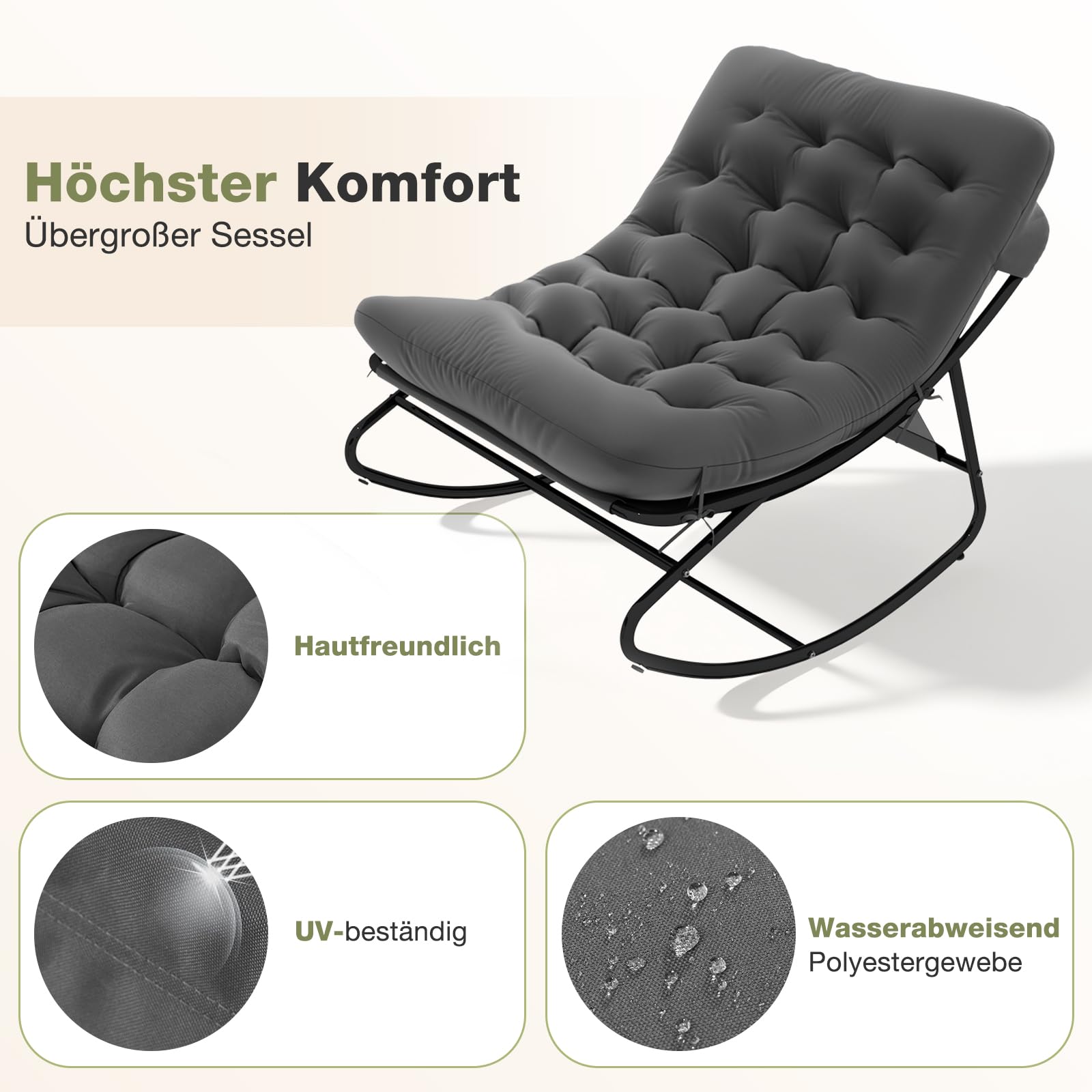 Aoxun Schaukelstuhl mit Hocker für Erwachsene, Schaukelliege Wetterfester Relaxstuhl aus Metall für Hof, Garten, Balkon, maximale Belastung von 160kg, Schwarzgrau