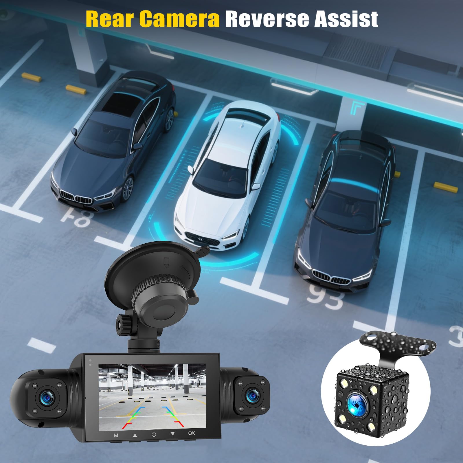 4 Canali 360° Dash Cam Auto con APP, Telecamera per Auto da 3 Pollici 1080P con Visione Notturna IR, Video in Loop, G-Sensore, Ausilio al parcheggio