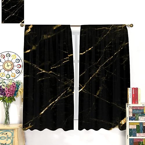 Miniatura 2 de Cortinas de cocina de mármol negro dorado y moderno, diseño retro y moderno, con estampado de textura de mármol, bolsillo para barra, cortinas de