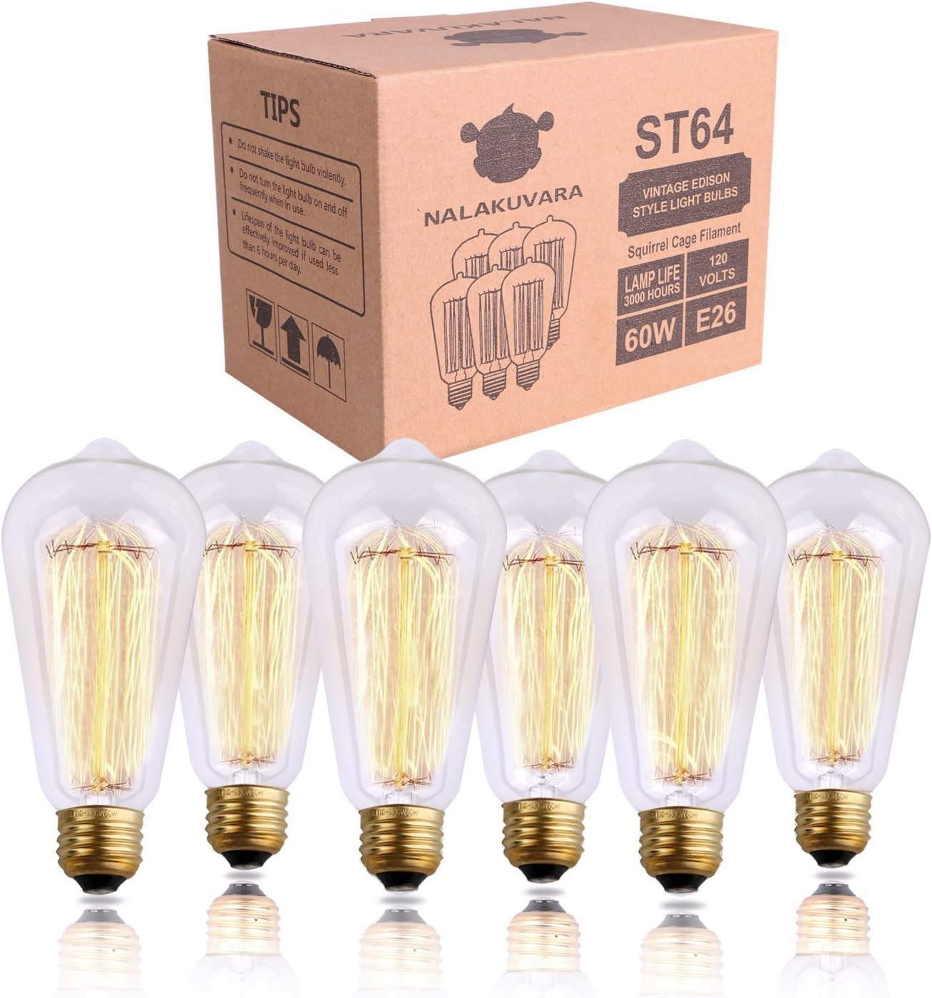 Super Big Clearance! 6-Pack Edison Light Bulbs 60 Watt, Vintage Incandescent Edison Bulb Set, 2700K Amber Warm Light - 380 Lumens - E26 Base - Clear Glass - Dimmable Antique Exposed Filament - ST64 Decorative Lightbulbs