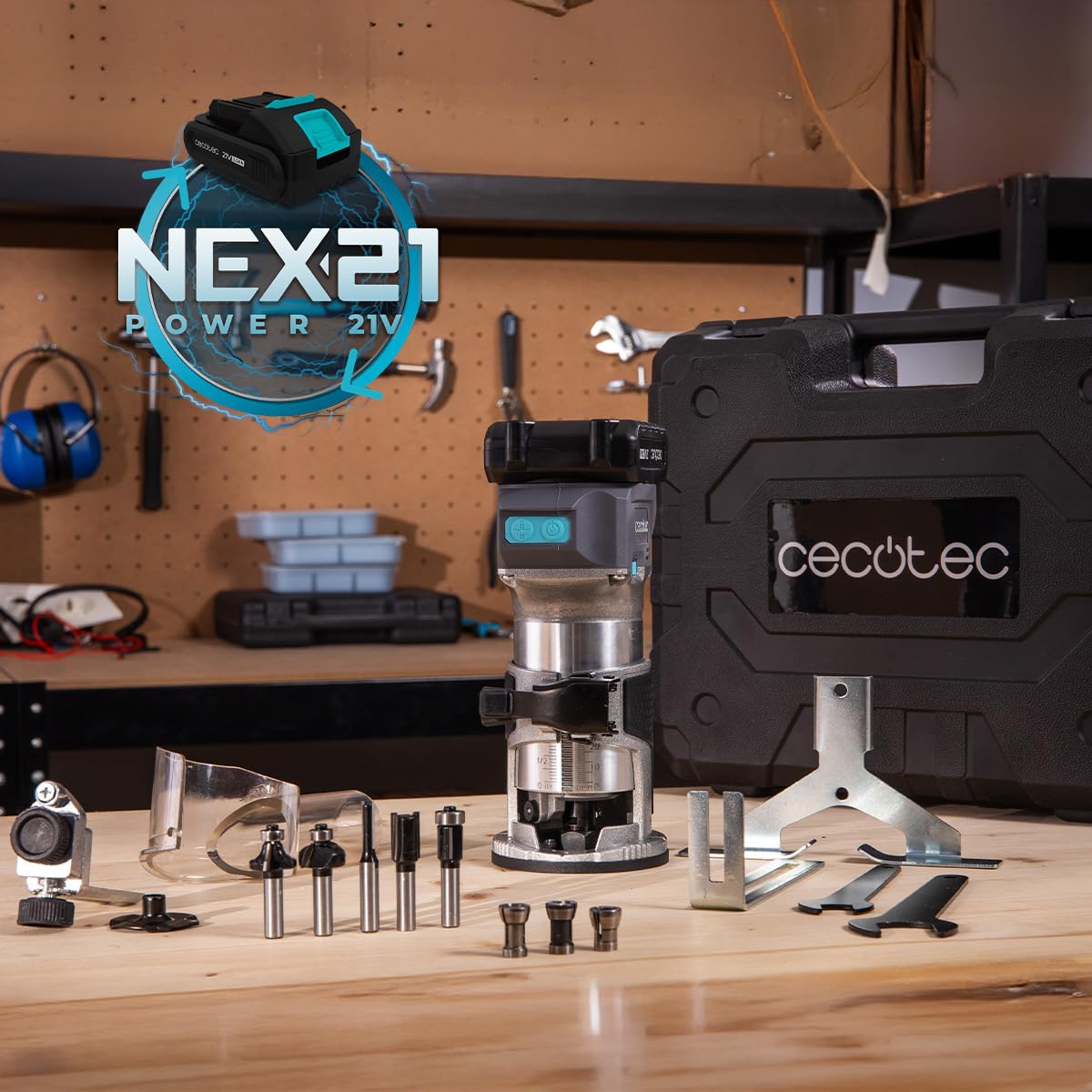 Cecotec Fresatrice per Legno a Batteria MultiShape 2000 Liberty. Batteria Nexus 21V 4Ah, Motore Brushless, 5 Frese, Testine 6/6,35/8mm, Alluminio, Profondità e Velocità Regolabili, Migliora i Lavori