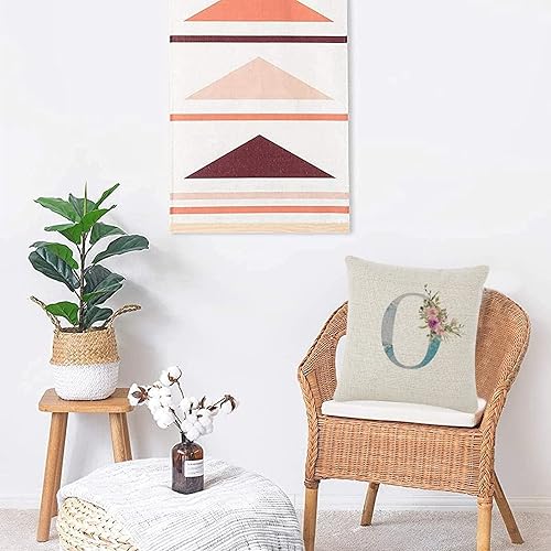 Miniatura 4 de Funda de cojín decorativa de lino y algodón diseño de mármol y acuarela azul con monograma floral y letra O para decoración de sofá cama automóvil