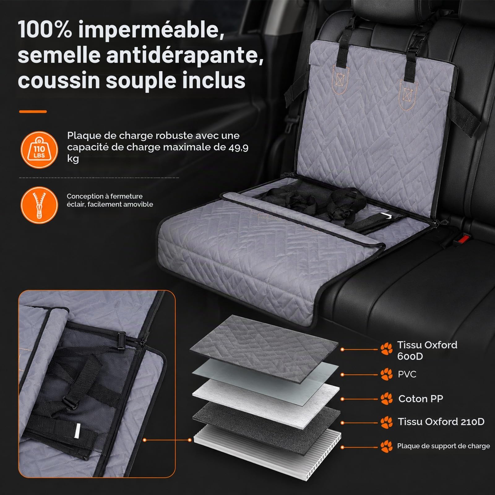 Siège unique renforcé pour chien avec ventilation et espace de rangement, imperméable, antidérapant, avec fenêtre en filet, siège arrière renforcé pour voiture, SUV, pick-up, gris, 56 x 56 x 5 cm