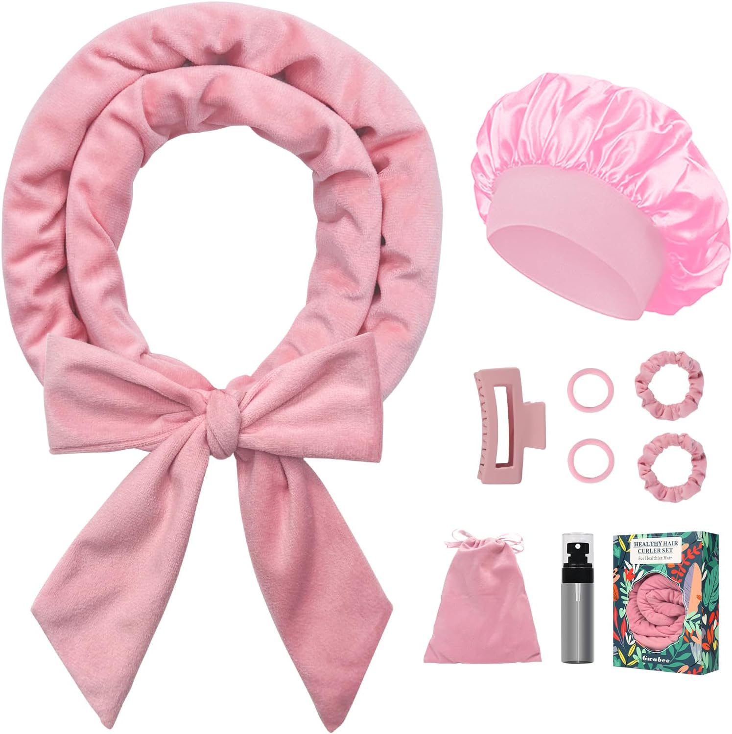 No Heat Overnight Curl Headband, 70" Soft Ribbon Curl Wrap for Long Hair - 9 PCS Rods Set with Bonnet, Pink