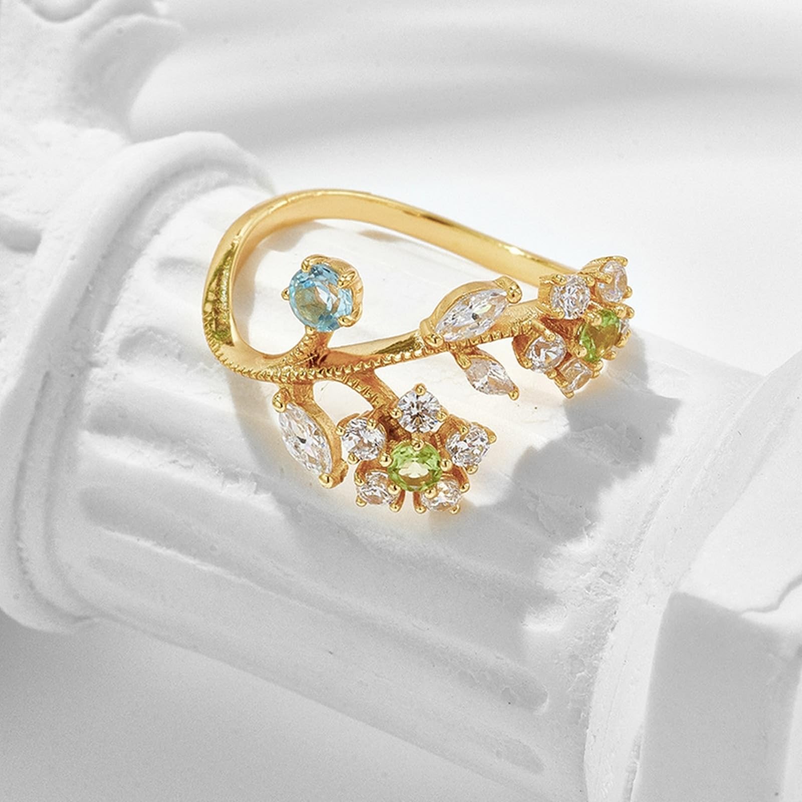 Anillo de boda auténtico de 9 K/14 K/18 K oro amarillo con peridoto verde, hojas de flores