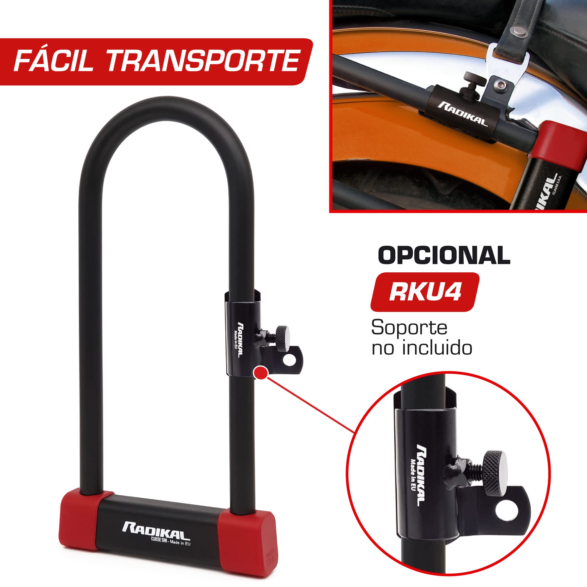 RADIKAL RK120310 Candado Moto U Premium Homologado SRA, 120x310mm Más Opciones Bloqueo, Arco ø18mm Acero Cementado Revestido de Doble Cierre, Cerradura Antirrobo U Lock Scooter, Bici Eléctrica