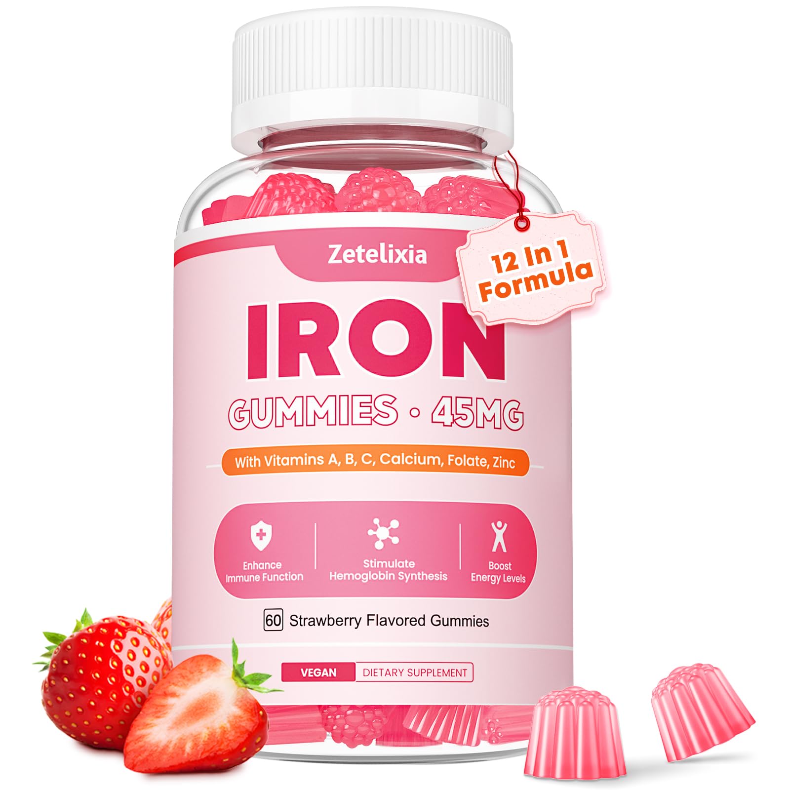 Vegan Iron Supplement Gummies for Women & Men, Anemia, Blood Builder & Energy Support for Iron Deficiency, with Vitamin C, A, B Complex, Folate, CoQ10, Sugar Free, Non-GMO, 60 Count 45MG Iron Strawberry Flavor 60 Count (Pack of 1)