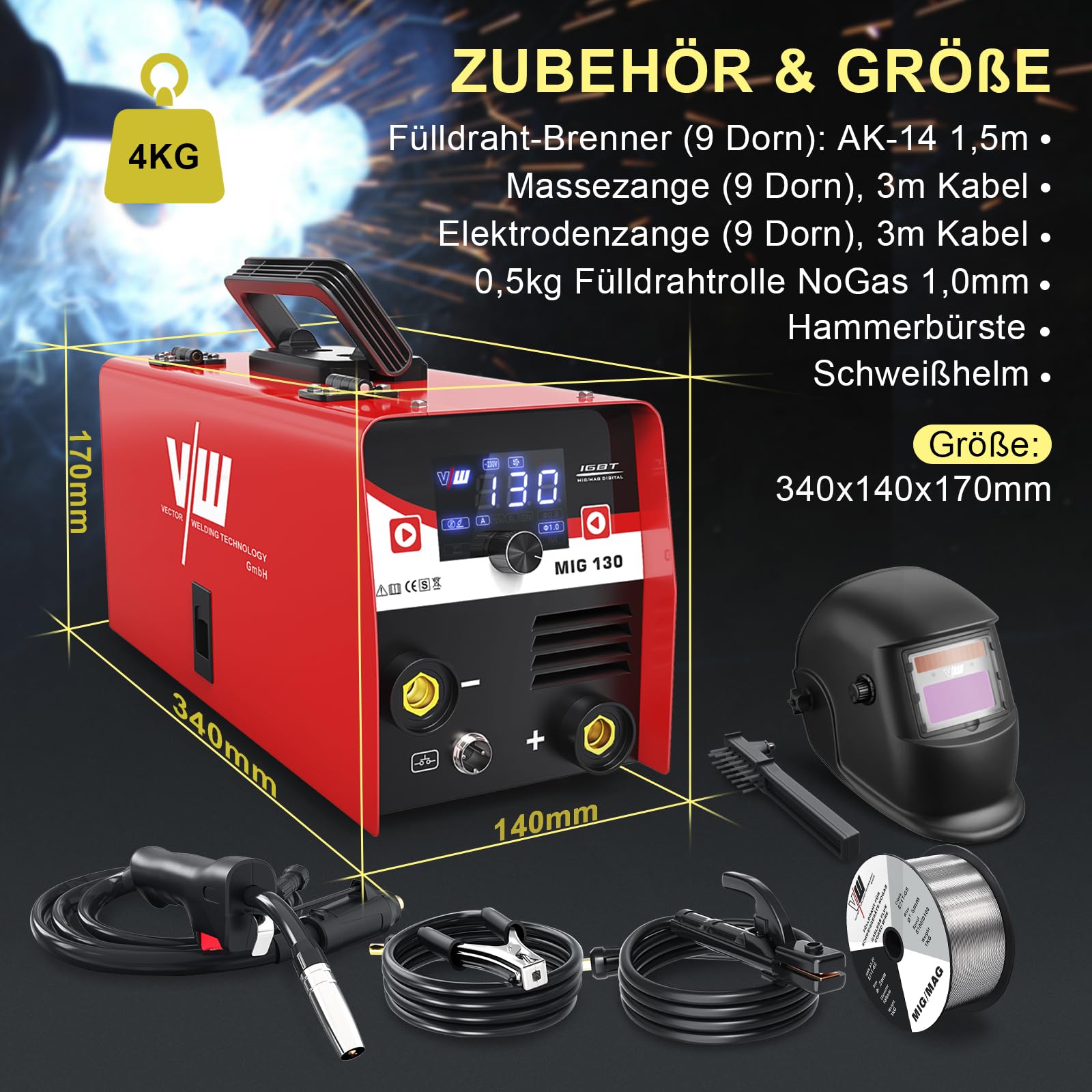 MIG Schweißgerät 130 A, Fülldraht Schweissgerät Set für Anfänger, IGBT Interver Schweißgerät mit Schweißhelm, Elektrodenschweißfunktion, VECTOR WELDING